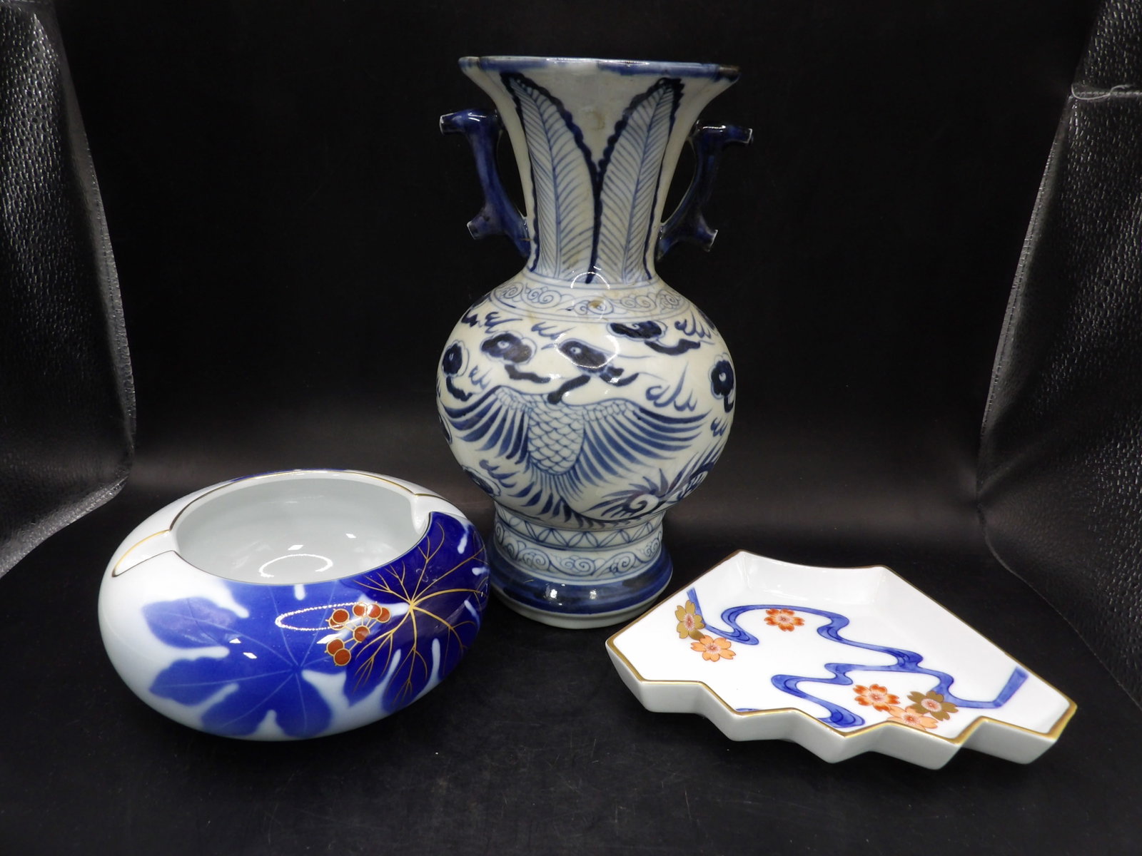 Lot of 3 Asian porcelain vase, tray and ashtray: Vase is 9.2 inches height. Ashtray is 5.5 inches diameter. We will inhouse ship items to you very affordable and efficient. Select self-arrange shipping.