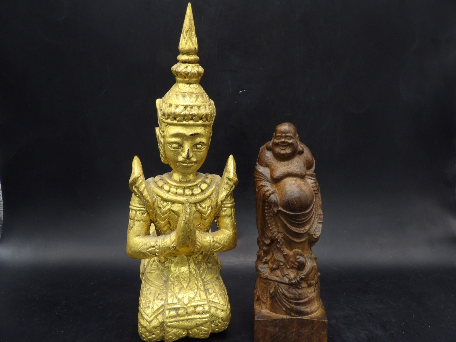 Lot of 2 wooden Asian buddha statues: Taller one is 8.3 inches height. We will inhouse ship items to you very affordable and efficient. Select self-arrange shipping.