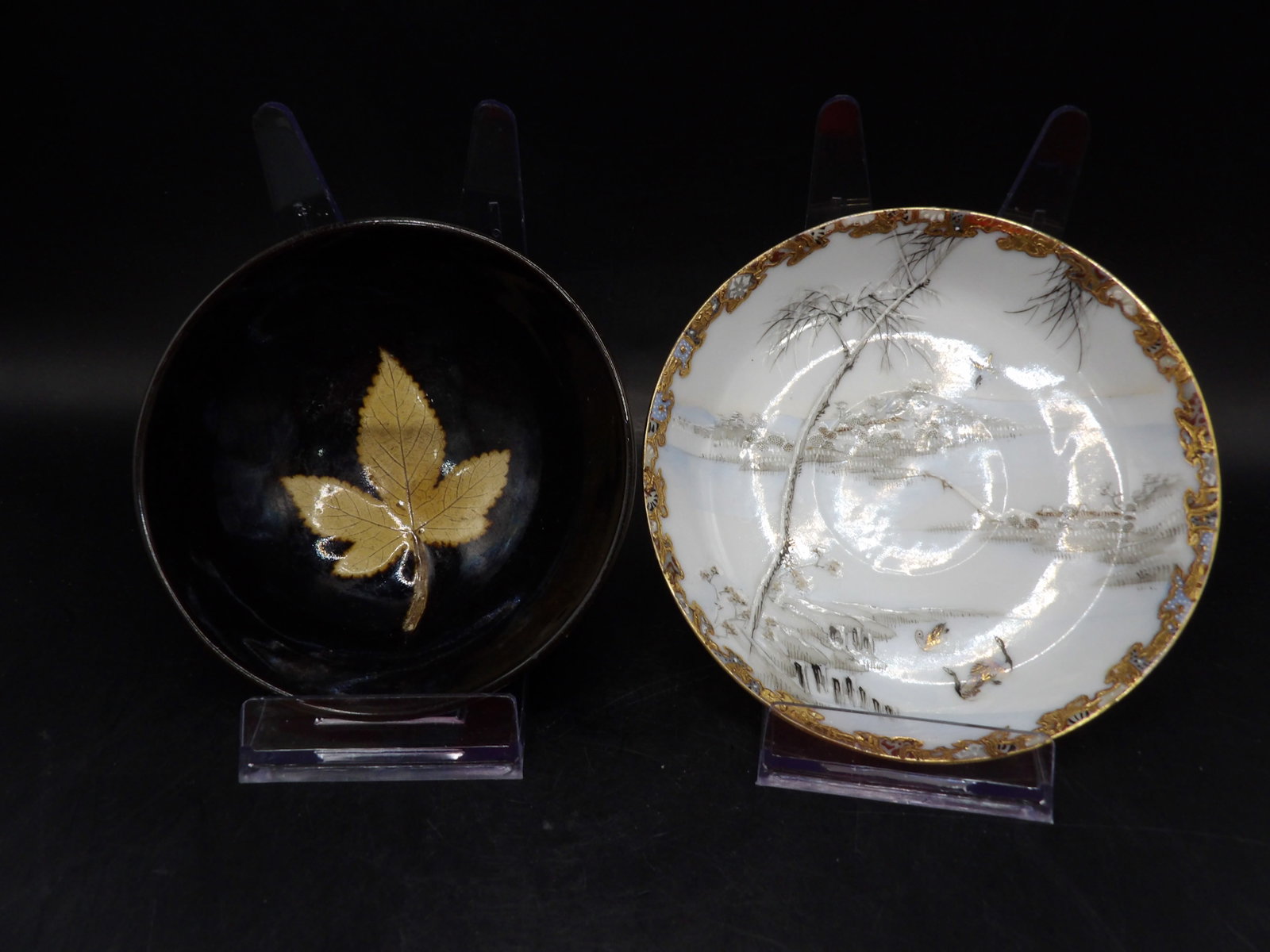 Lot of 2 Chinese or Japanese porcelain bowl with leaf decoration and fine porcelain plate: Bowl has 4.2 inches opening. plate is approx. 5 inches diameter. We will inhouse ship items to you very affordable and efficient. Select self-arrange shipping.