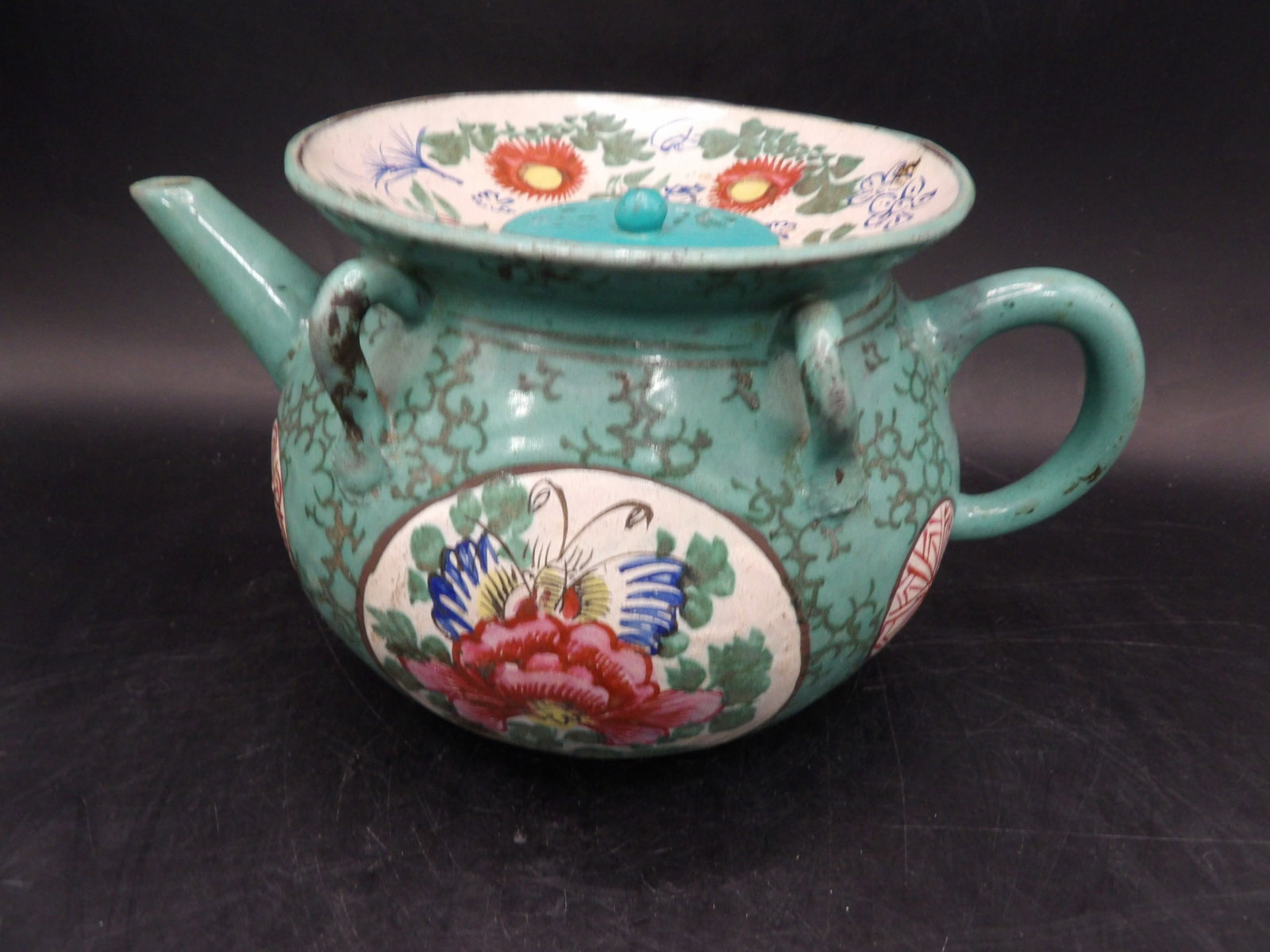 Antique Chinese enamel painted yixing teapot: 7 inches length. We will inhouse ship items to you very affordable and efficient. Select self-arrange shipping.