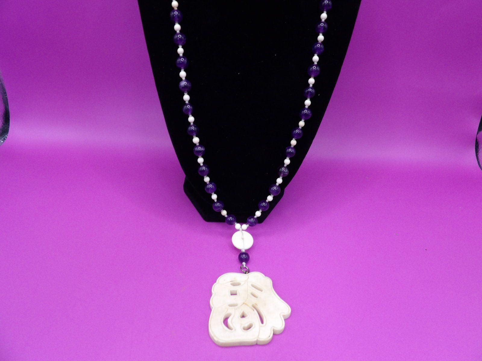 Antique Chinese amethyst and natural material necklace - No Export: 22 inches length necklace with 3 inches long drop pendant. All small beads, small pendant and large pendant are natural material. Bigger pendant is carved Chinese character Fu which signifies blessing
