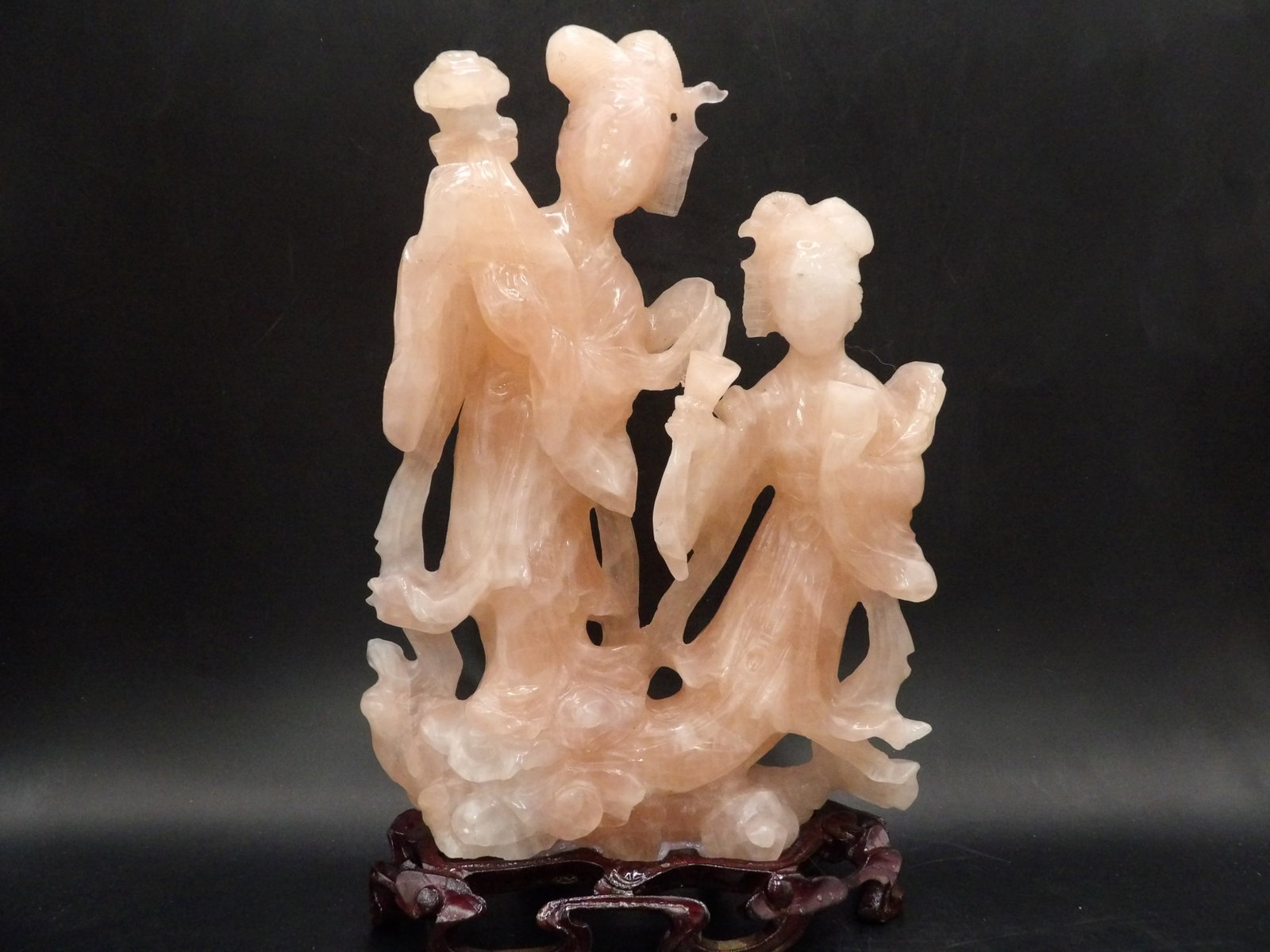 Large Chinese rose quartz fine carving of 2 female figures on wooden base: Statue is adhered to wooden base. Total height is 9.5 inches. Total weight is 2.8 lbs. We will inhouse ship items to you very affordable and efficient. Select self-arrange shipping.