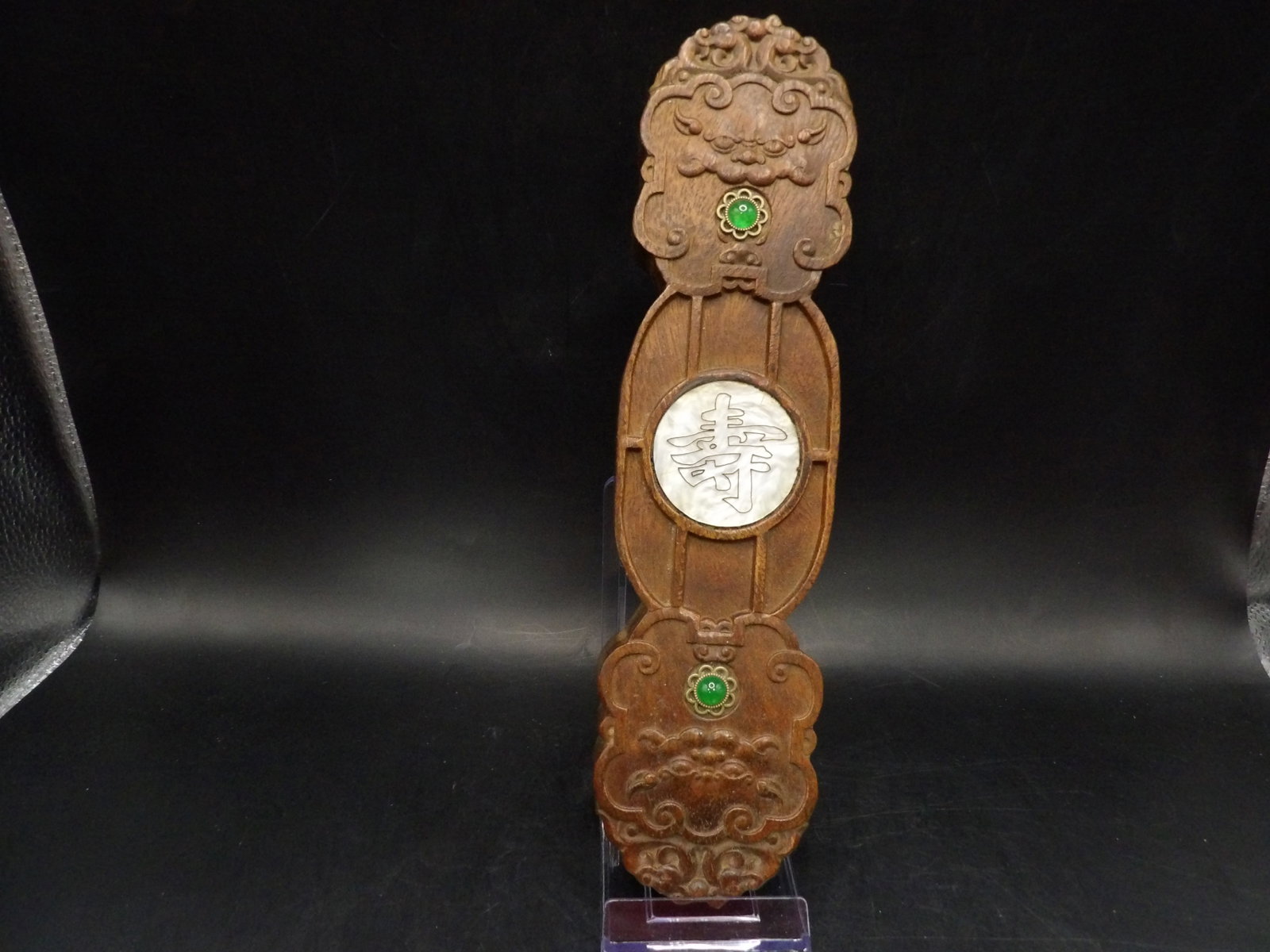 Carved Chinese wooden paperweight with MOP longevity symbol: 10 inches length. We will inhouse ship items to you very affordable and efficient. Select self-arrange shipping.