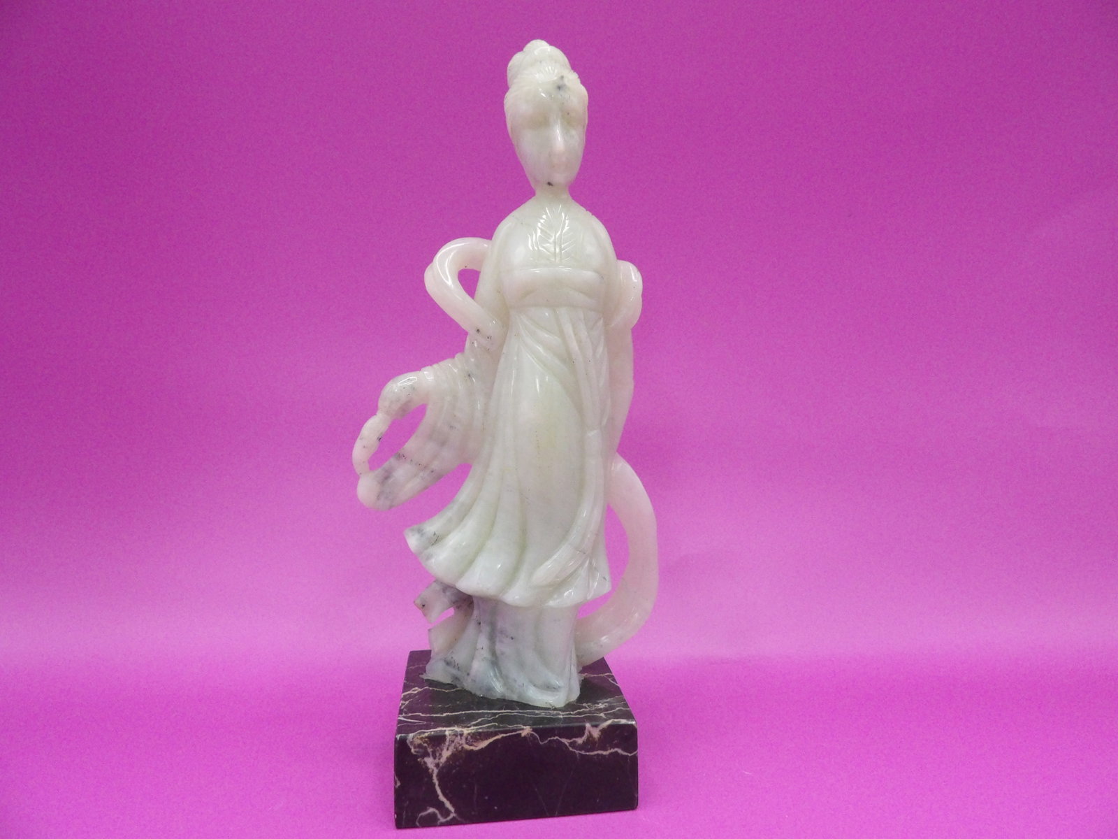 Chinese jade maiden figure adhered to marble base: 6.7 inches height. We will inhouse ship items to you very affordable and efficient. Select self-arrange shipping.