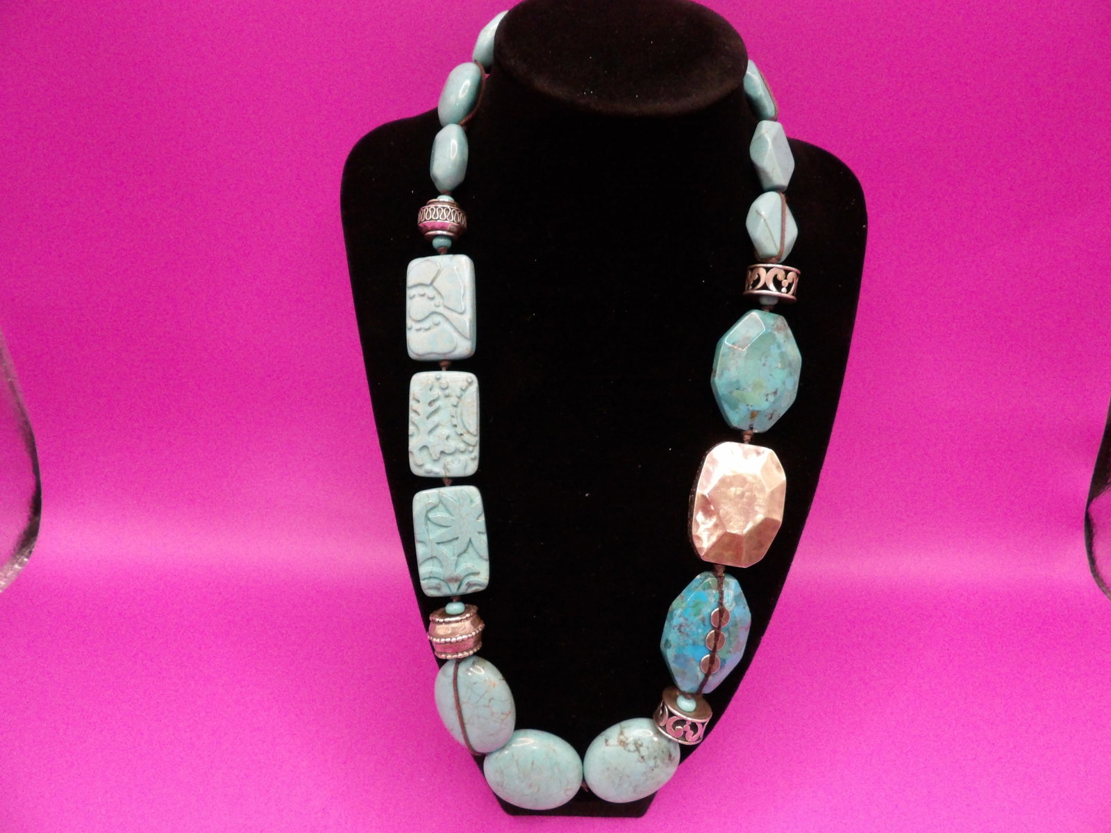 Carved turquoise beads and hammered silver necklace: 23 inches long. 156 grams. We will inhouse ship items to you very affordable and efficient. Select self-arrange shipping.