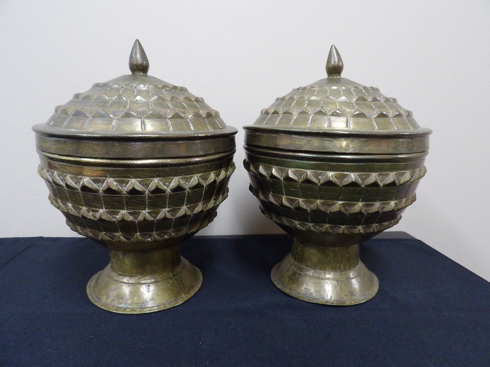 Lot of 2 antique ornate Asian lidded brass containers: Approx. 11 inches height. We will inhouse ship items to you very affordable and efficient. Select self-arrange shipping.