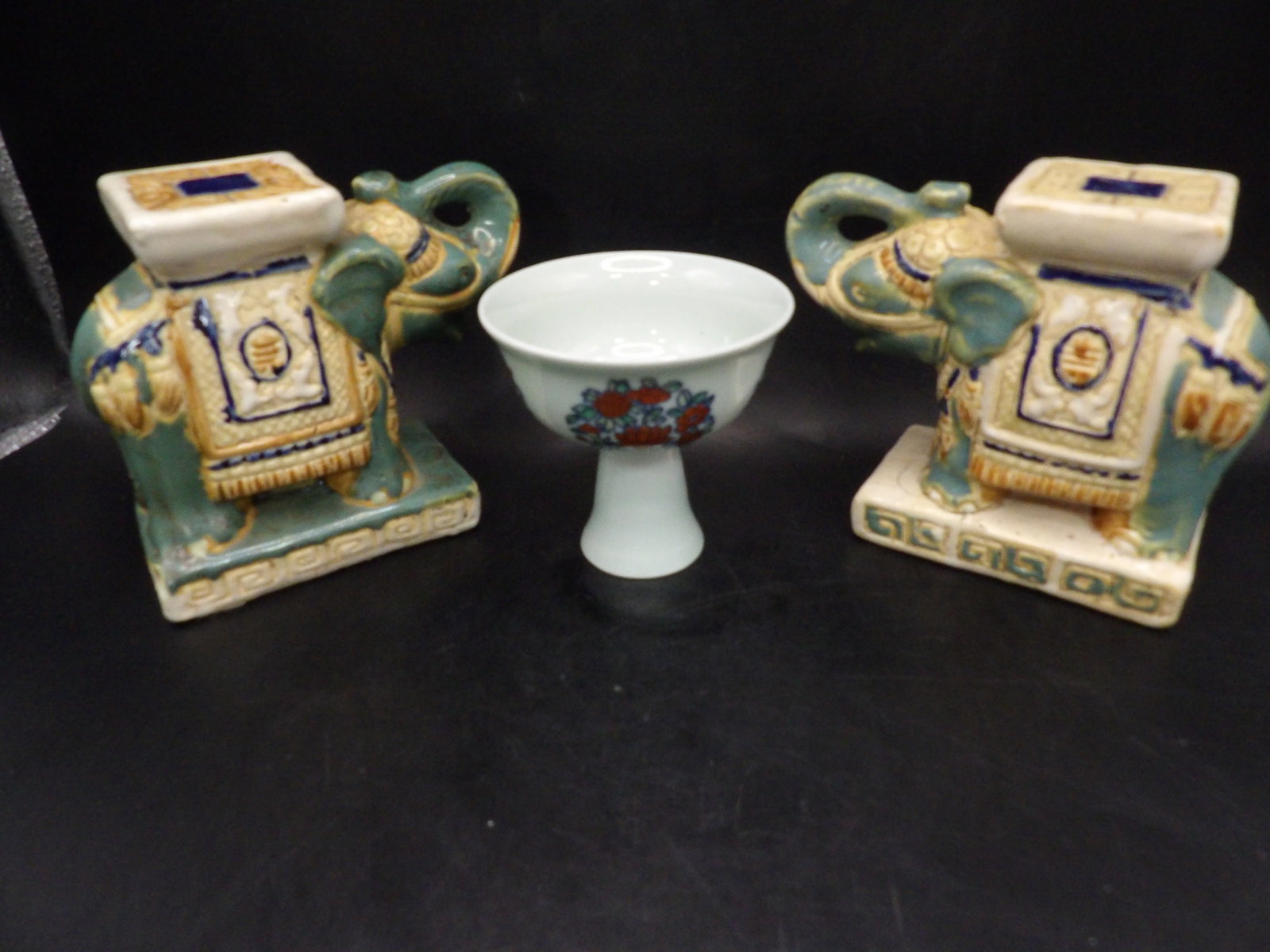 lot of 3 Asian porcelain/ceramic items including a pair of elephant statues and Chinese stem cup (1 of 7)