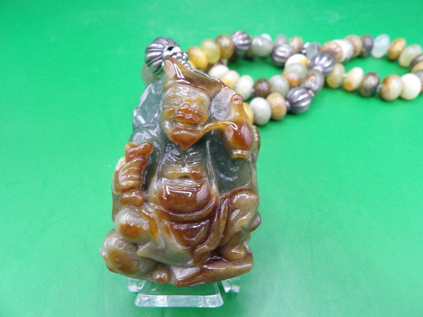 Chinese fine carved large jadeite jade pendant stamped sterling clasp necklace: Large jadeite jade pendant is 2.2 inches height. Necklace drop is 4 inches. Necklace is 18 inches long. Clasp is stamped Sterling.Total weight is 155 grams. We will inhouse ship items to you very
