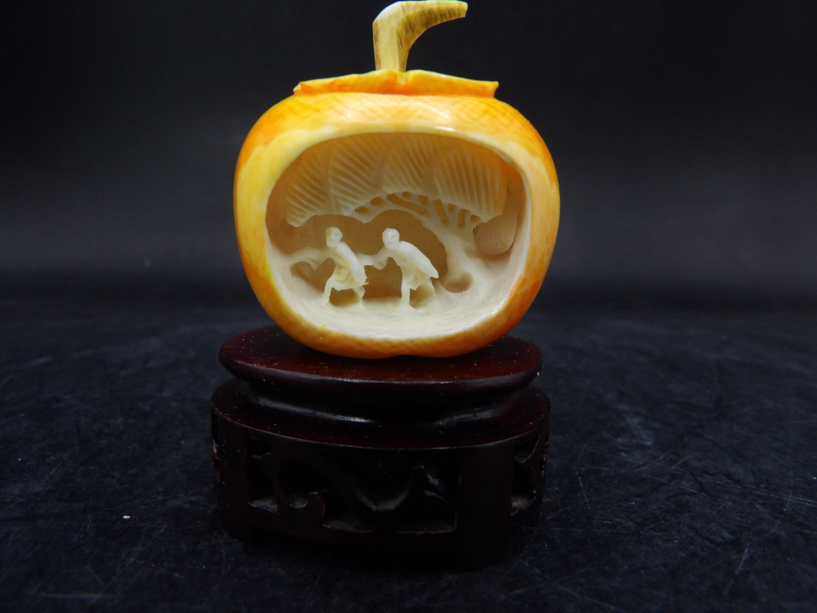 antique Chinese or Japanese polychrome carved miniature apple on wood base: 1.5 inches height not including wooden base. No international shipping. We will inhouse ship items to you very affordable and efficient. Select self-arrange shipping.