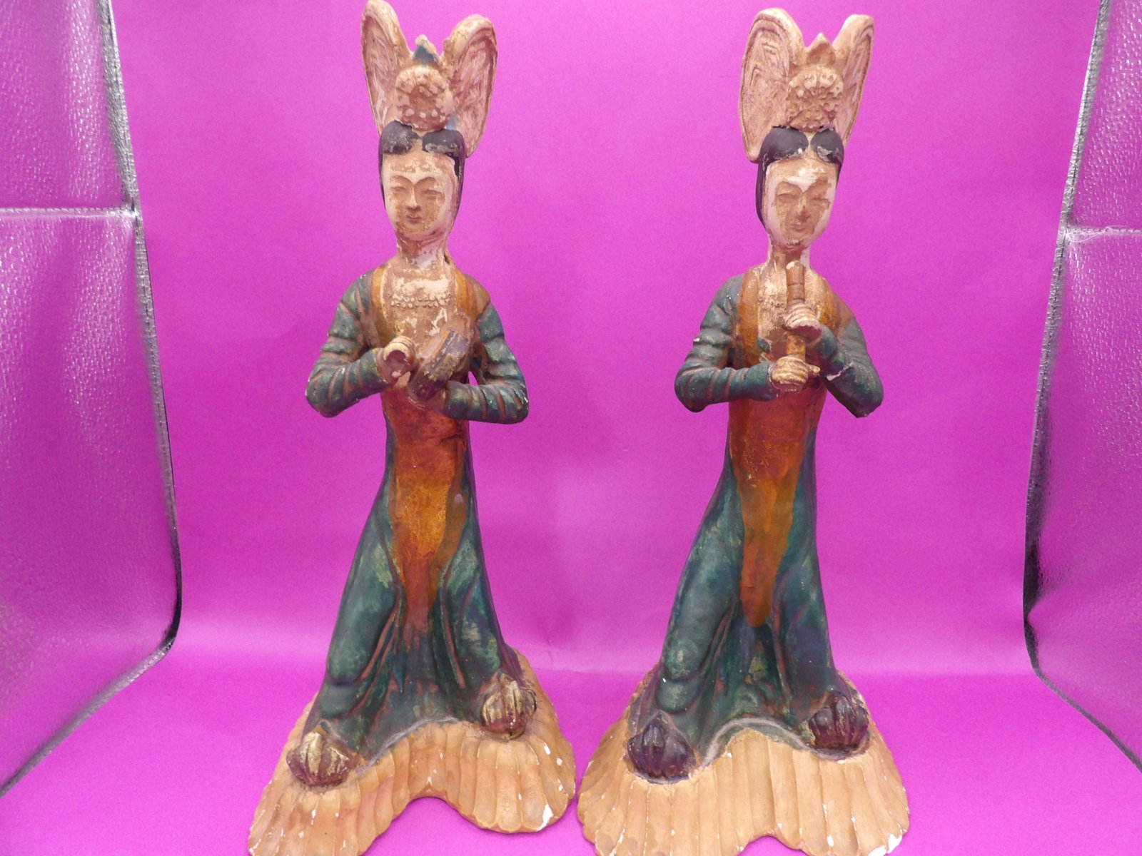 pair of Chinese Tang Sancai pottery musician figurines: 12.4 inches height. We will inhouse ship items to you very affordable and efficient. Select self-arrange shipping.