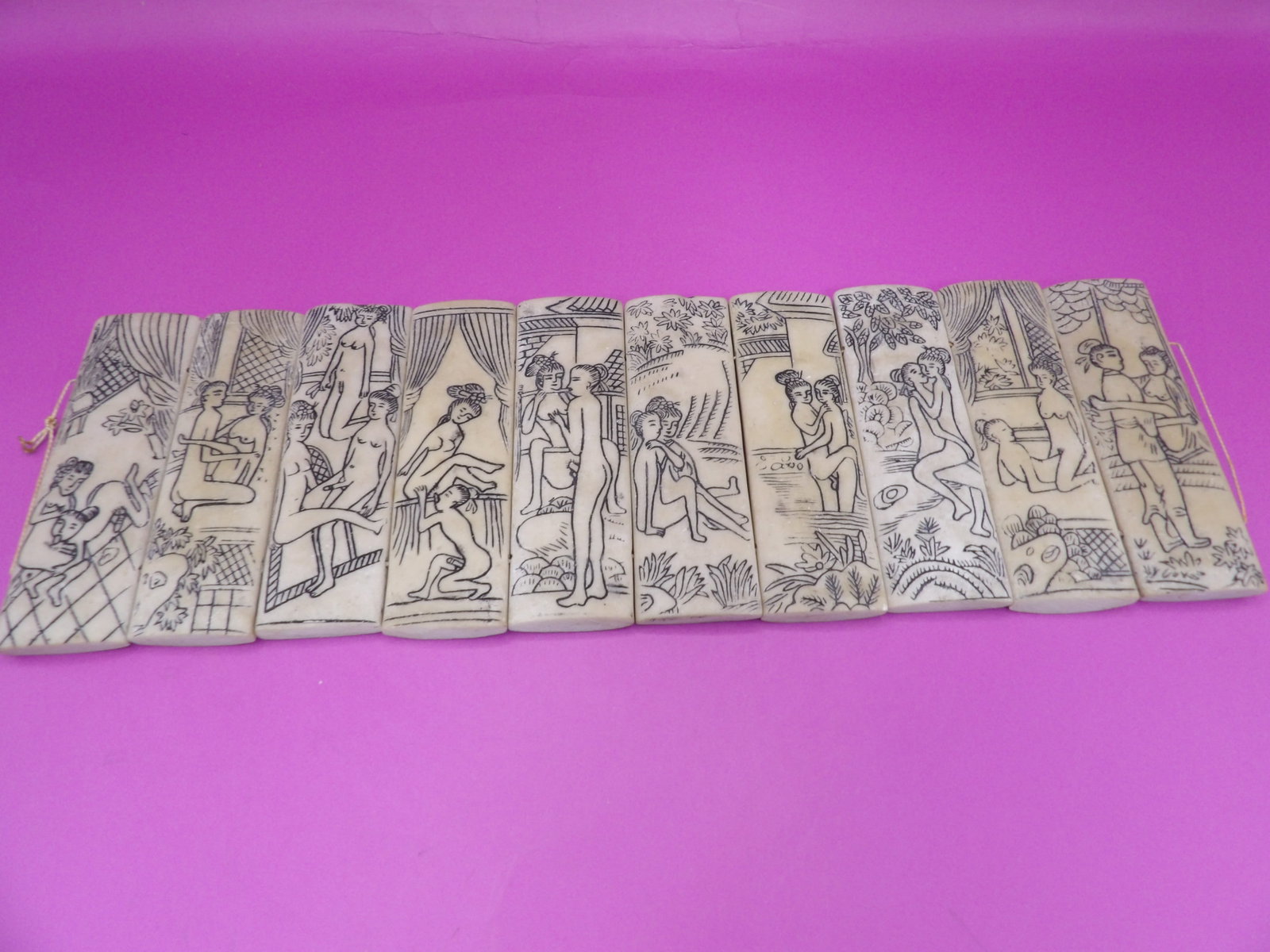lot of 10 Asian double-sided erotica scrimshaw: 11.2 inches length. We will inhouse ship items to you very affordable and efficient. Select self-arrange shipping.