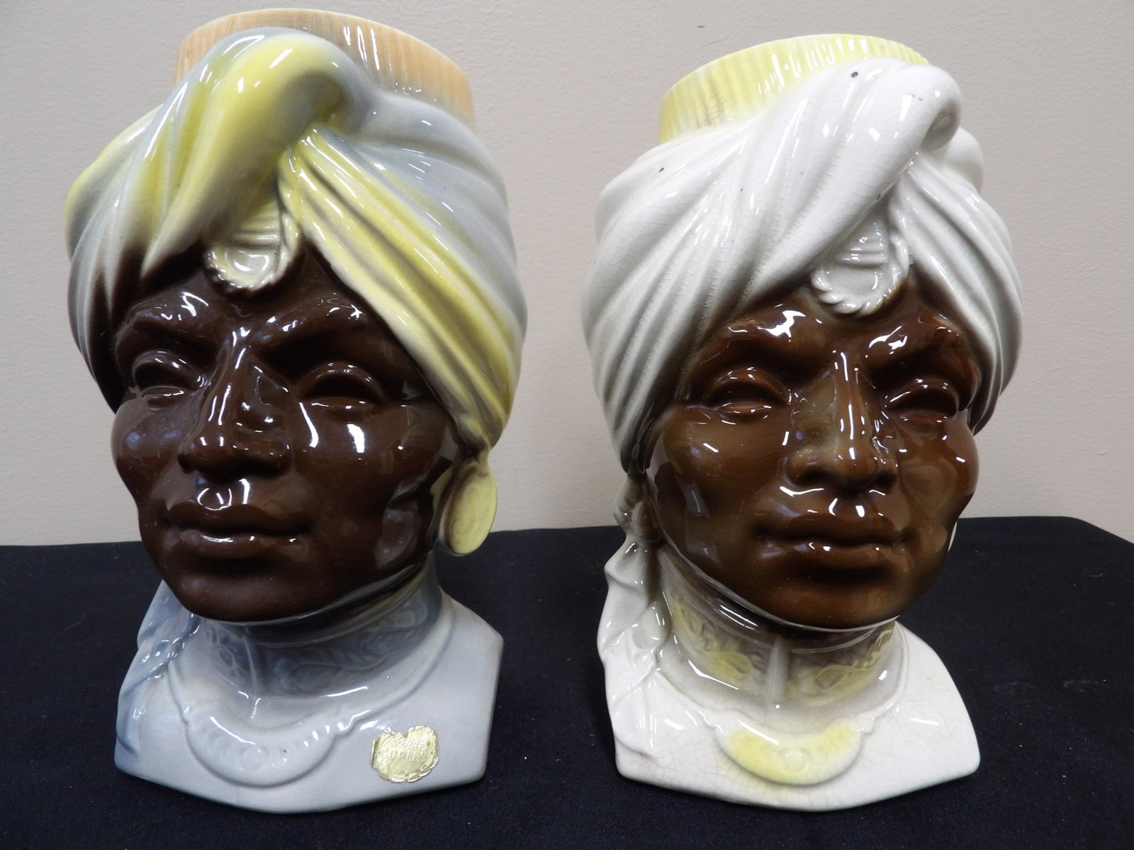 pair 1950s Royal Copley ceramic Blackamoor Sultan wall pockets: Approx. 8 inches height. We will inhouse ship items to you very affordable and efficient. Select self-arrange shipping.