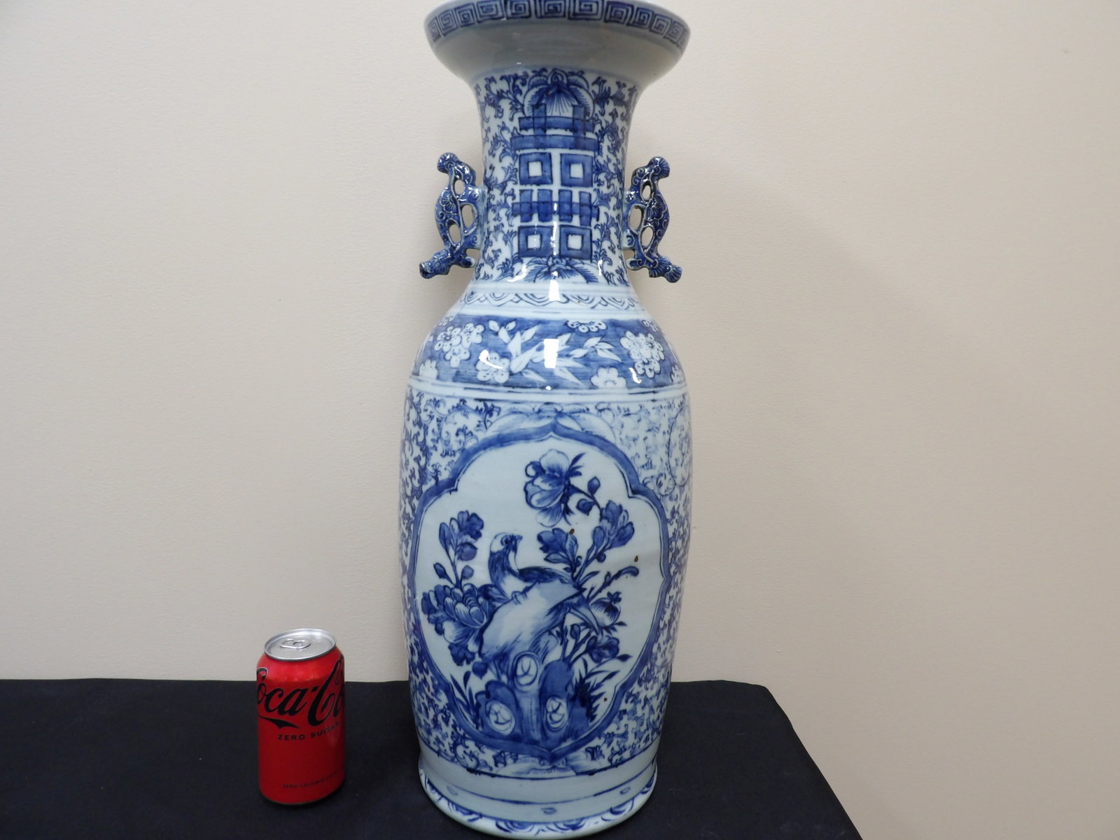 antique Chinese Qing dynasty blue and white porcelain happiness floor vase with ears: 23.2 inches height. We will inhouse ship items to you very affordable and efficient. Select self-arrange shipping.