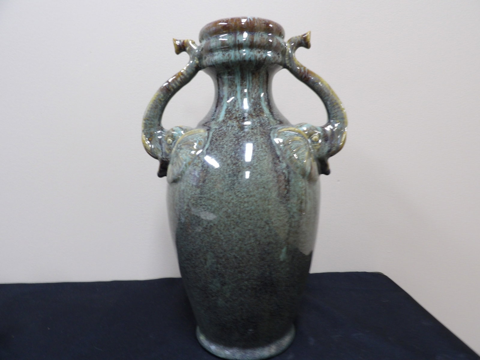 Asian mottled teal glazed ceramic vase with elephant head handles: 14.5 inches height. We will inhouse ship items to you very affordable and efficient. Select self-arrange shipping.