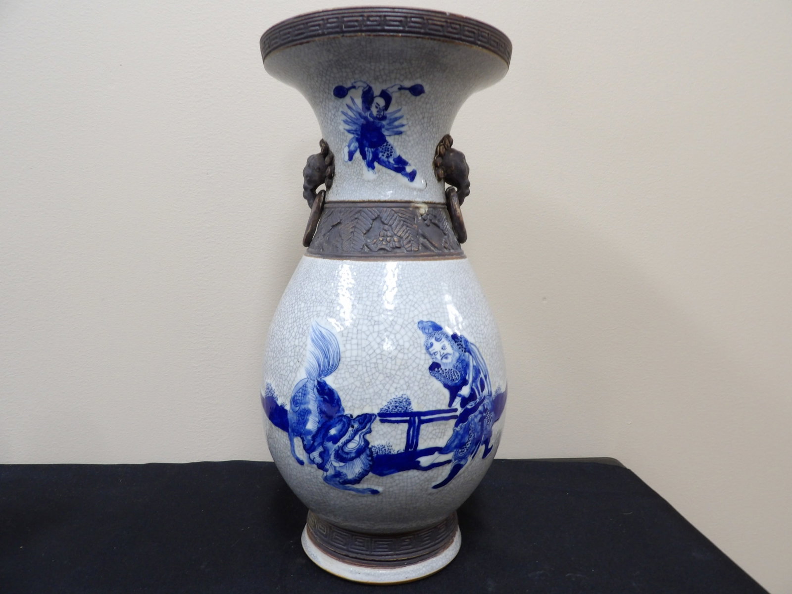 antique Chinese crackled porcelain vase with hand painted warriors foo dog and Cheng Hua mark: With beast ears and rings. 14 inches height. We will inhouse ship items to you very affordable and efficient. Select self-arrange shipping.