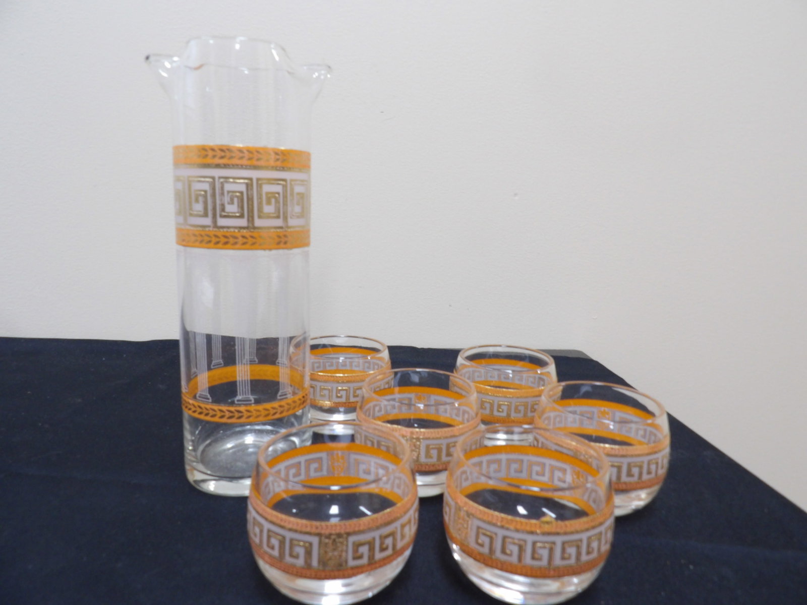 lot of 7 Greek Key design Culver glass pitcher and glasses: Pitcher is 9 inches height. We will inhouse ship items to you very affordable and efficient. Select self-arrange shipping.