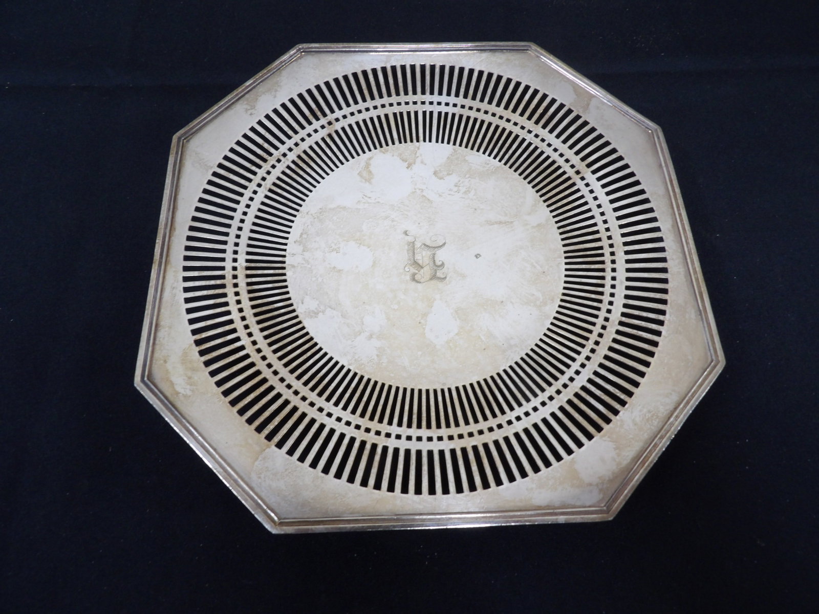 antique octagonal silver-plated pierced decorative tray with monogram late 19th century: 9.2 inches length. We will inhouse ship items to you very affordable and efficient. Select self-arrange shipping.