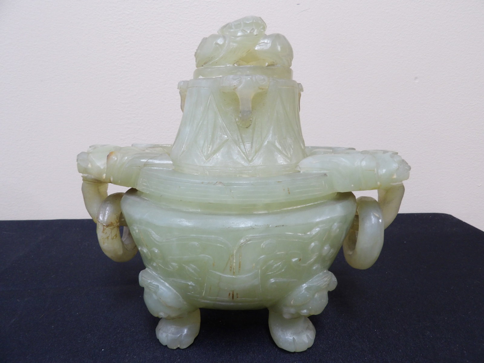 Chinese jade carved incense burner with mythical beast lid and handles (1 of 9)