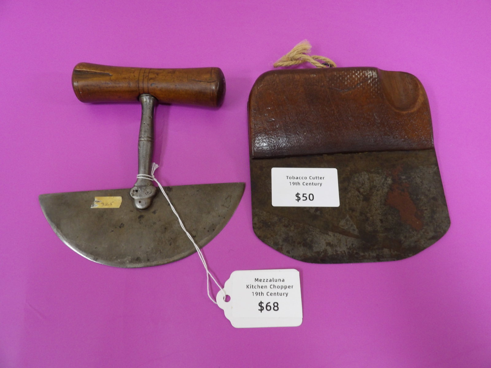 19th century tobacco cutter and Mezzaluna kitchen chopper: 5.5 and 5.9 inches length. We will inhouse ship items to you very affordable and efficient. Select self-arrange shipping.