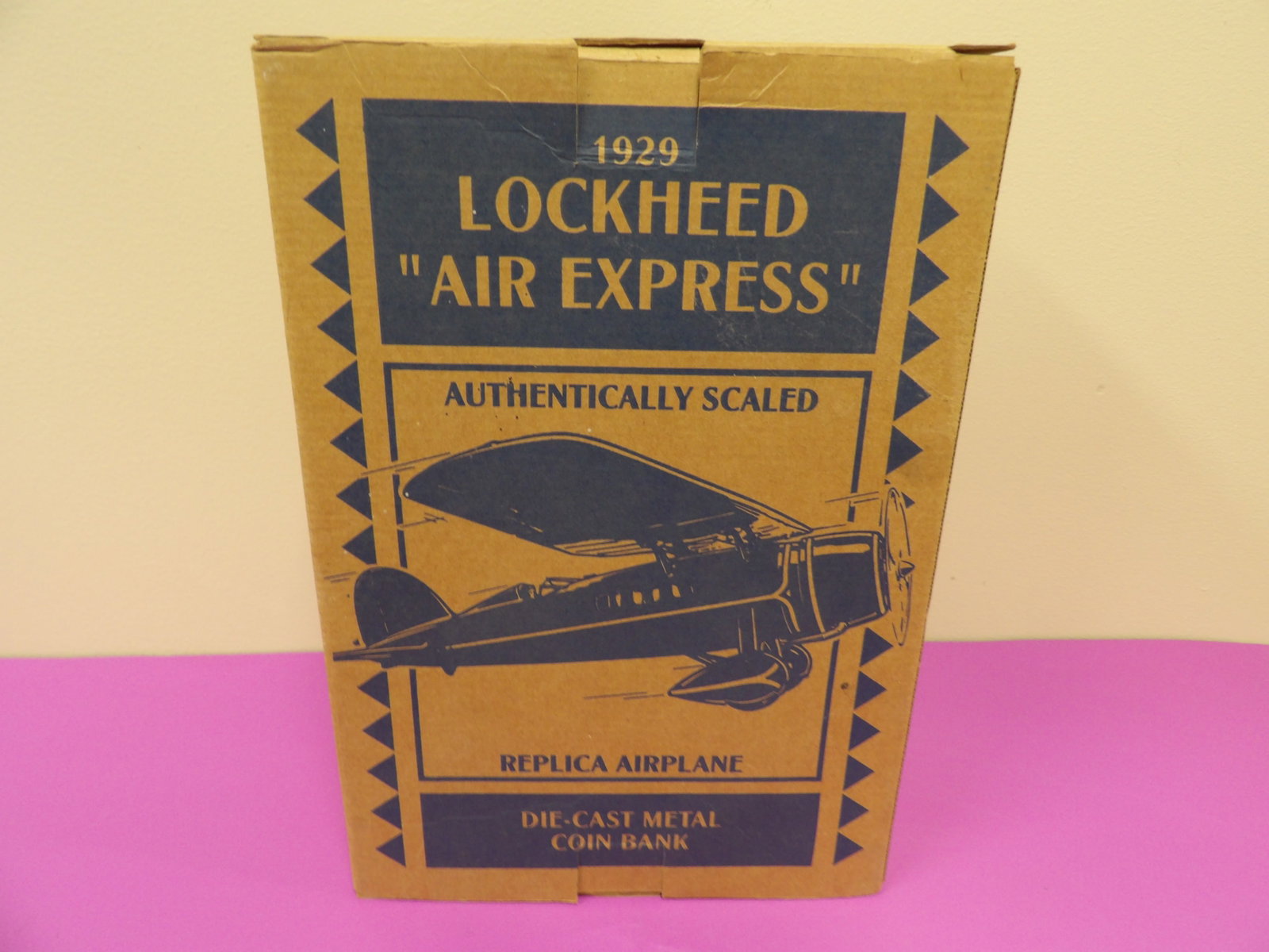 1929 Lockheed air express diecast metal coin bank: 12.5 inches height box.