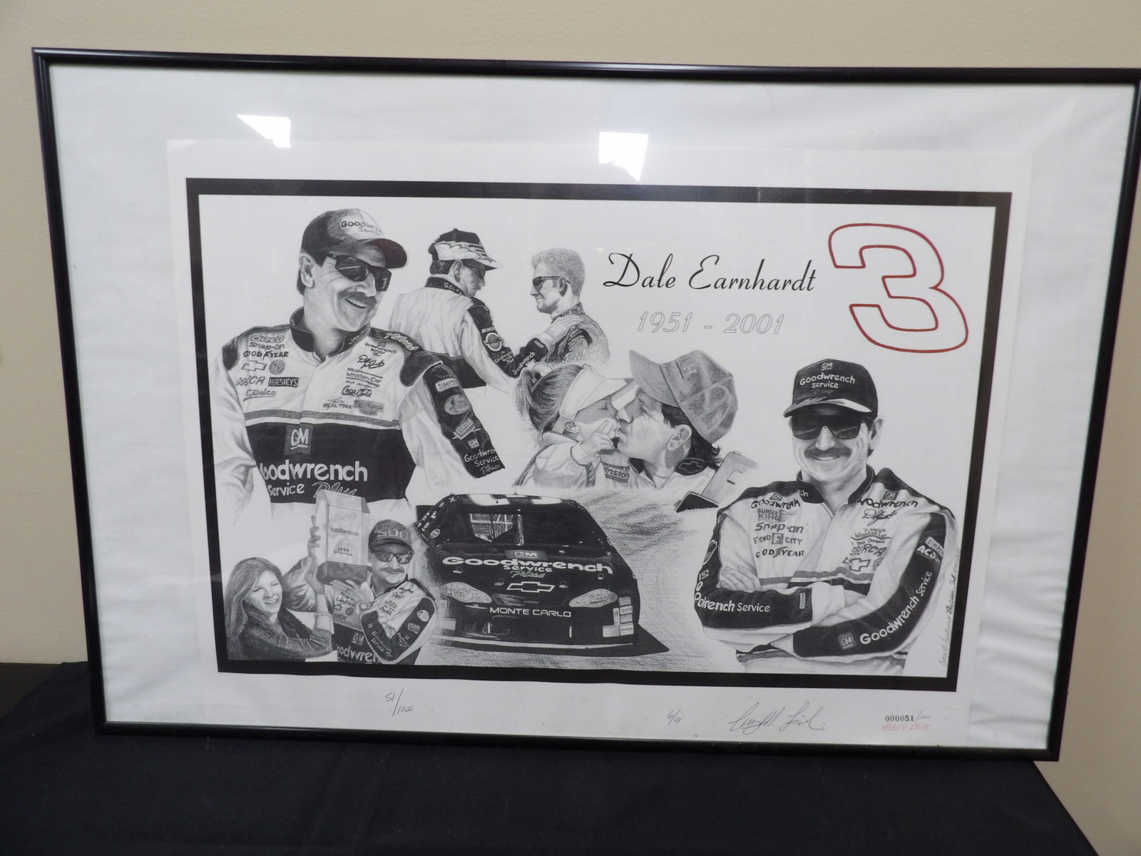 Framed Dale Earnhardt lithograph limited edition 51/1000 signed: 20 x 30 inches wooden frame. We will inhouse ship items to you very affordable and efficient. Select self-arrange shipping.