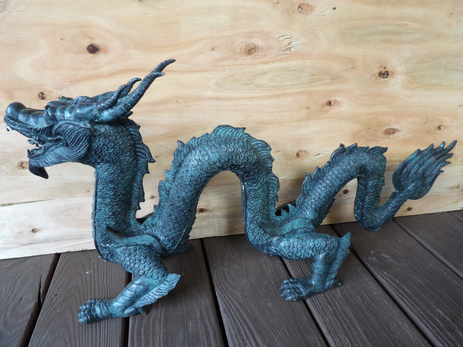 very fine 30-inch length Chinese bronze dragon figurine with patina: 30 inches long.