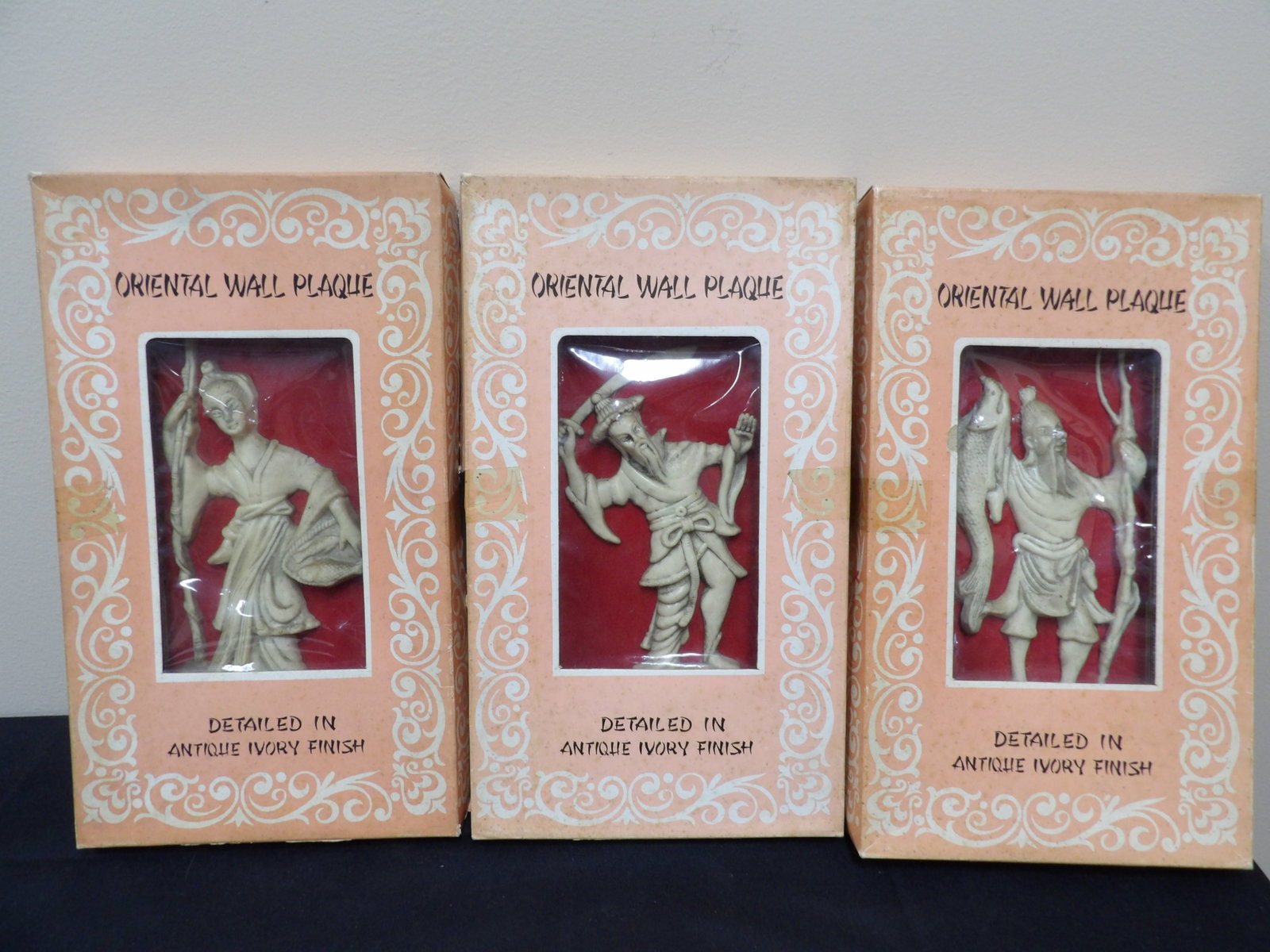 lot of 3 oriental wall plaques in antique ivory finish unused: Vintage item but unused in original packagings. Box is 12 inches height.