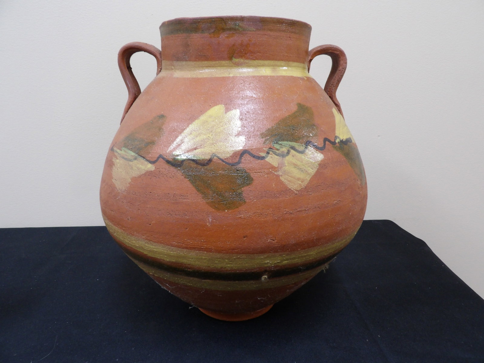 large hand painted terracotta pot with 2 handles and folk art motifs (1 of 6)