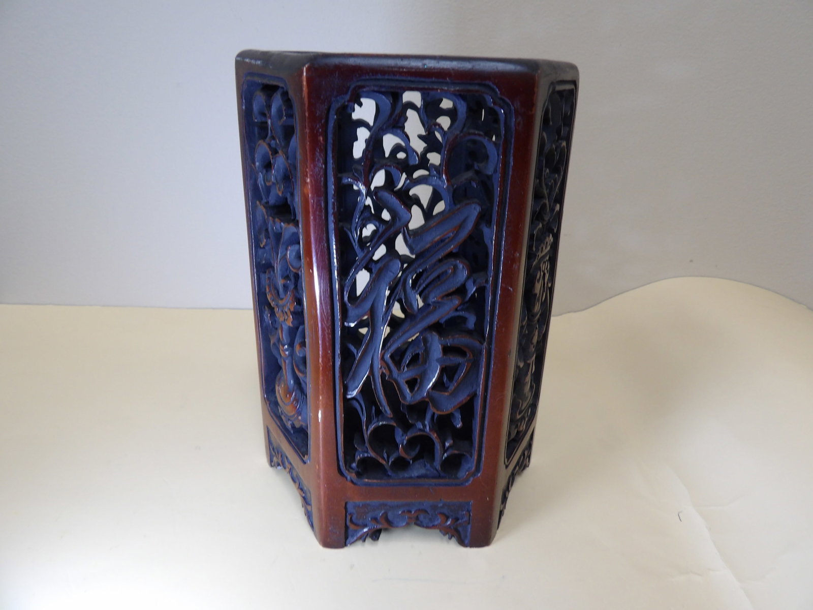 Chinese hexagonal brush pot with Chinese characters and floral motifs: 7 inches height.