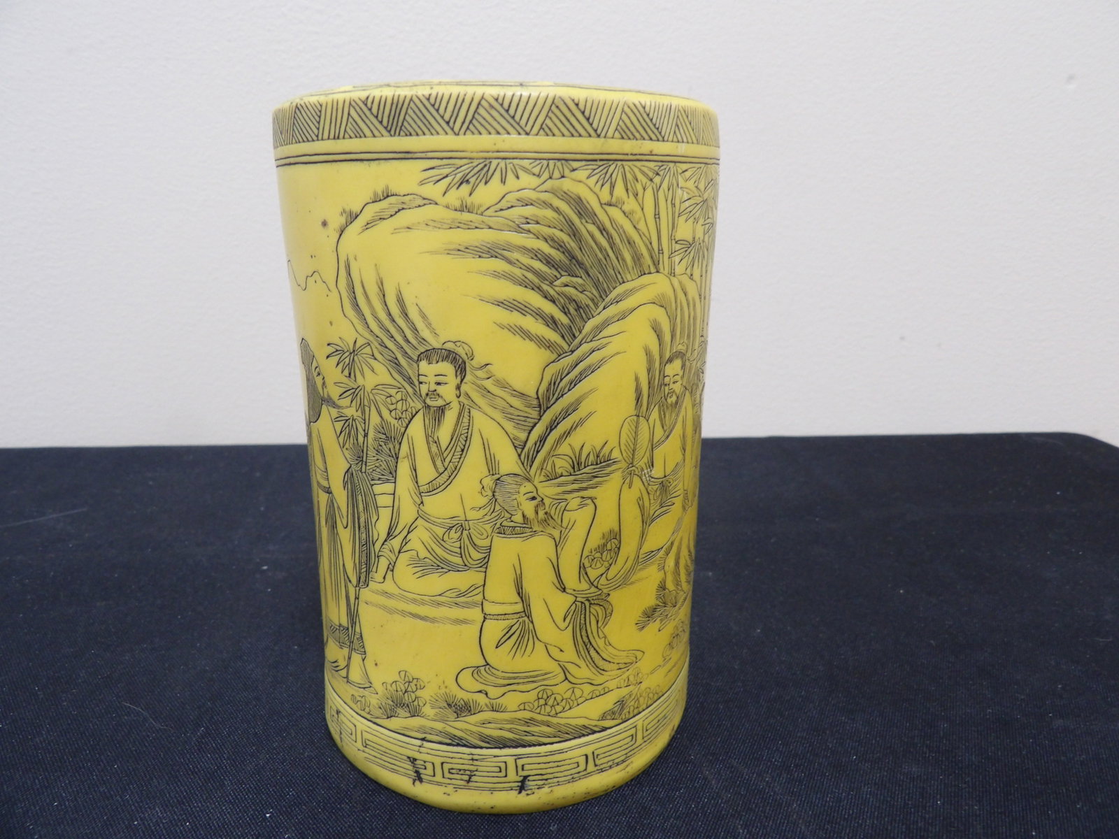 Chinese brush pot with scholars' scene and Chinese calligraphy: 5 inches height.
