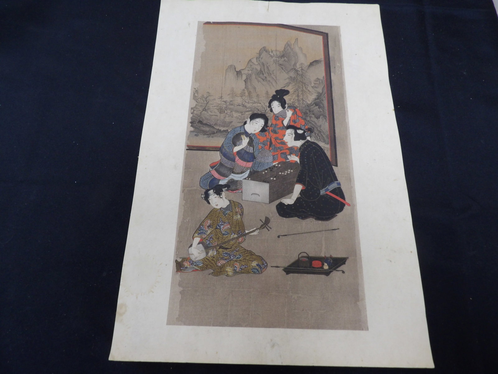 antique Japanese Ukiyo-e woodblock print Edo period featuring people playing board game and music: 11 x 16.5 inches paper. We will inhouse ship items to you very affordable and efficient. Select self-arrange shipping.
