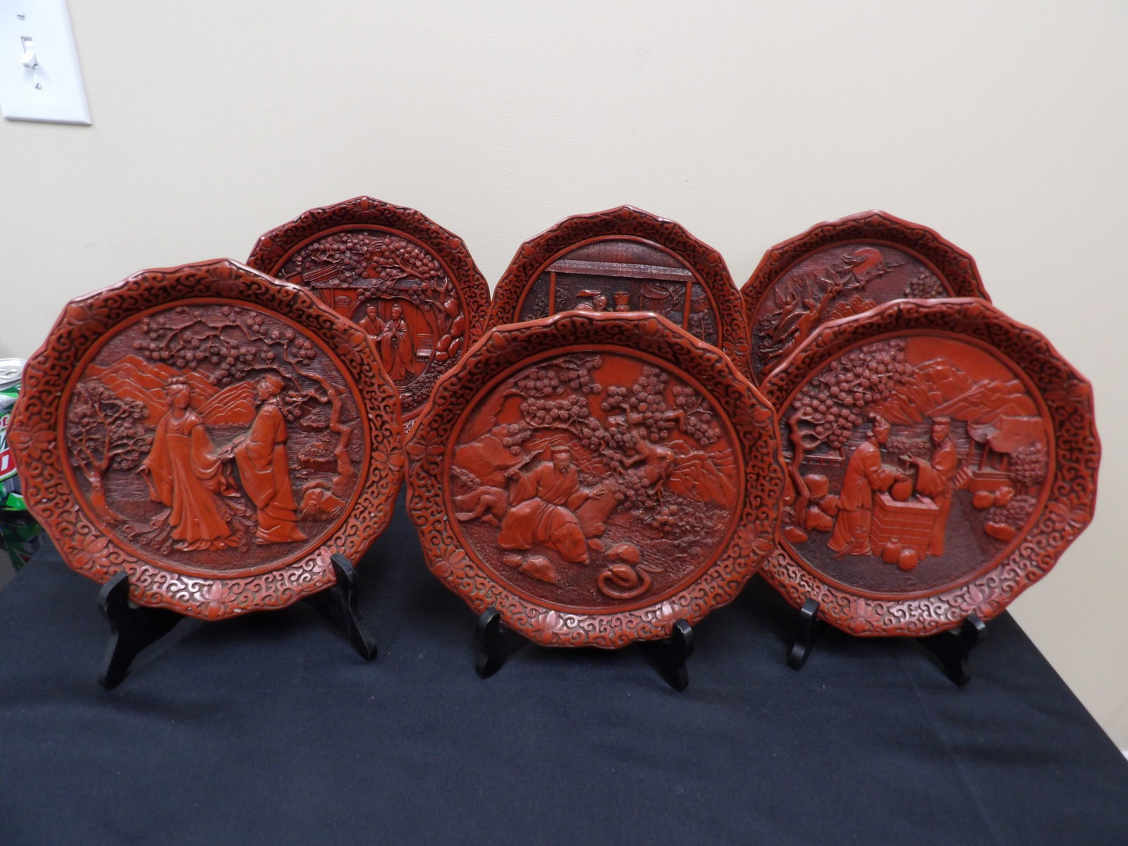 lot of 6 Chinese cinnabar The Legend of the Peacock Maiden limited edition plates with stands (1 of 15)