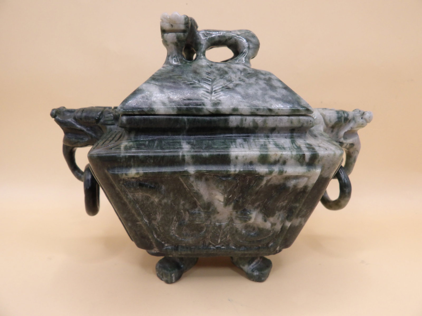 Chinese carved jade lidded vessel with beast handles rings: 5.5 inches length. 694 grams. We will inhouse ship items to you very affordable and efficient. Select self-arrange shipping.