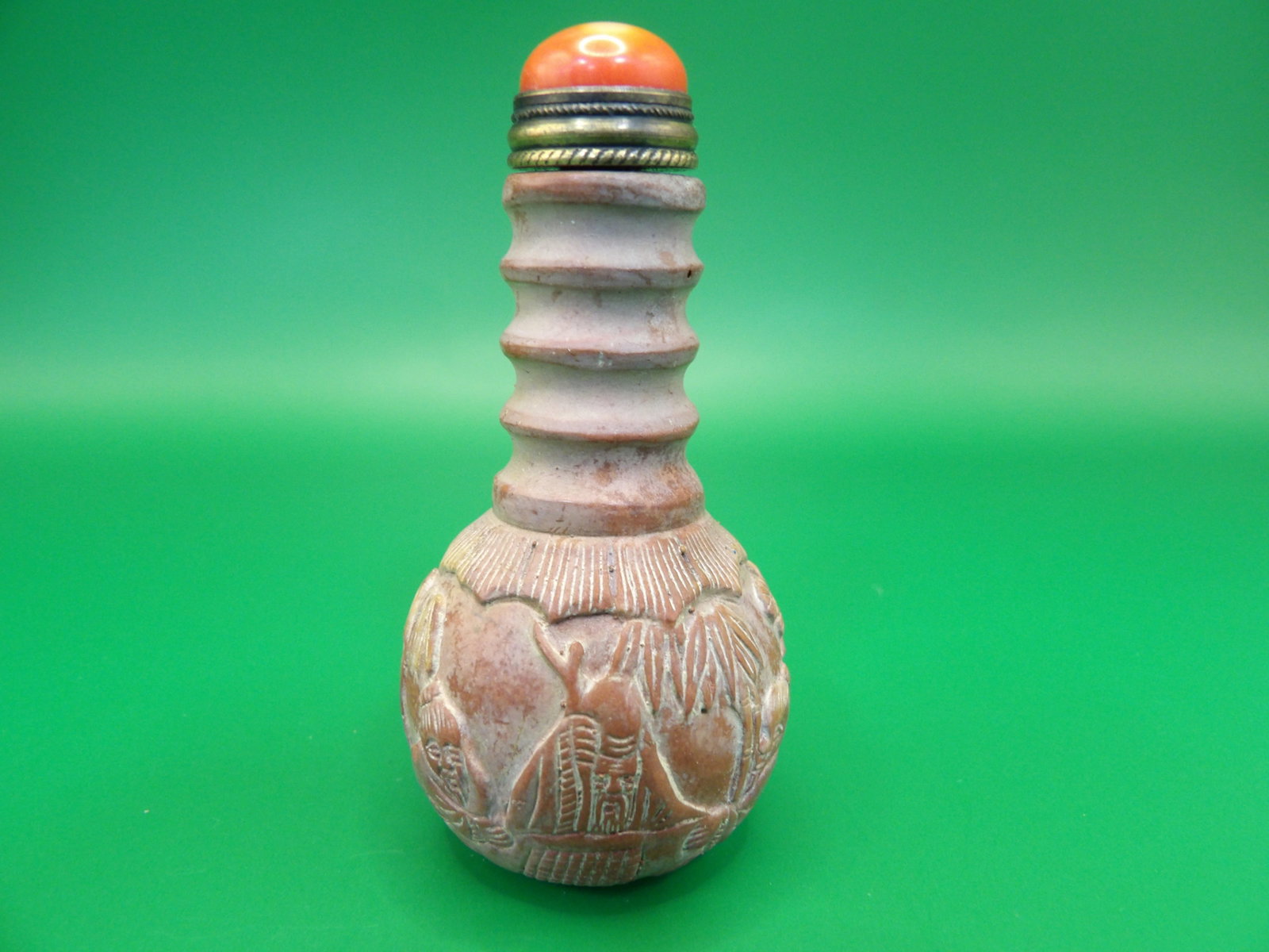 19th century carved Longevity God snuff bottle with coral stopper: 2.4 inches height.