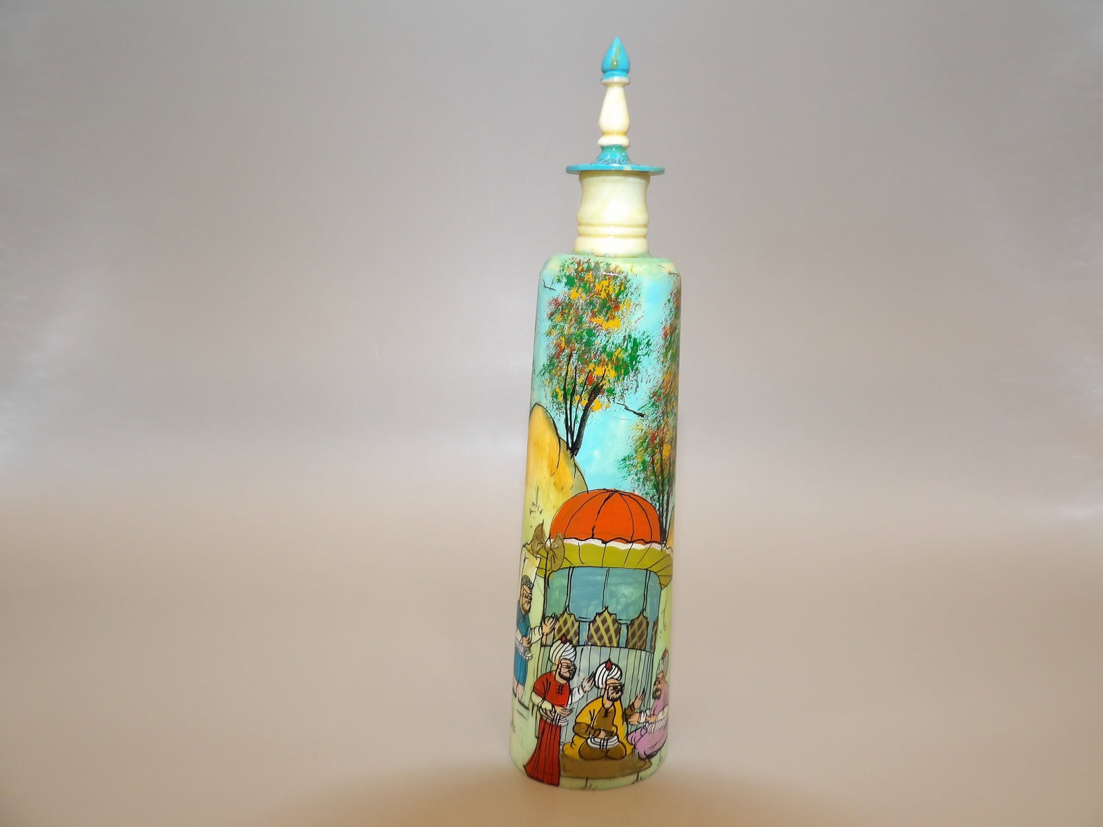 Very tall hand painted Persian snuff bottle or perfume bottle: 6.4 inches height.