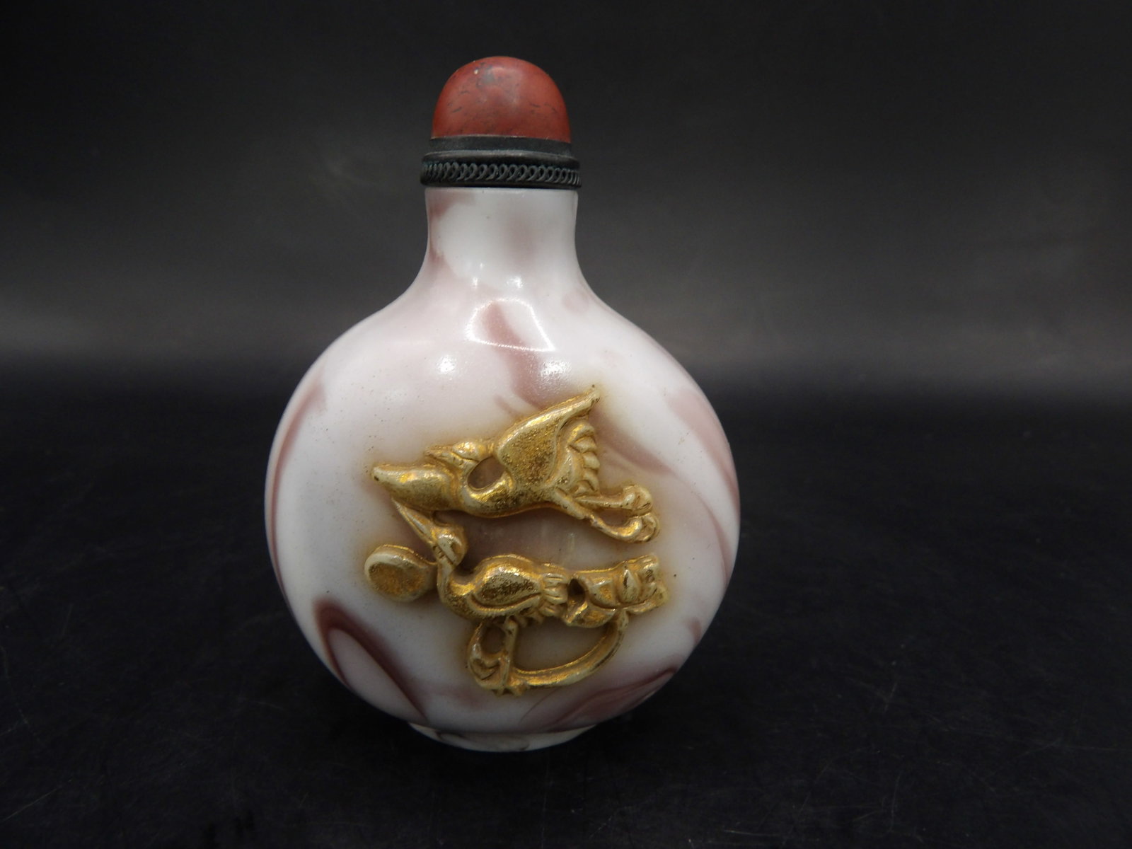 Qing dynasty Qianlong mark Chinese gold gilt raised crane motif swirl glass snuff bottle: 2.6 inches height.