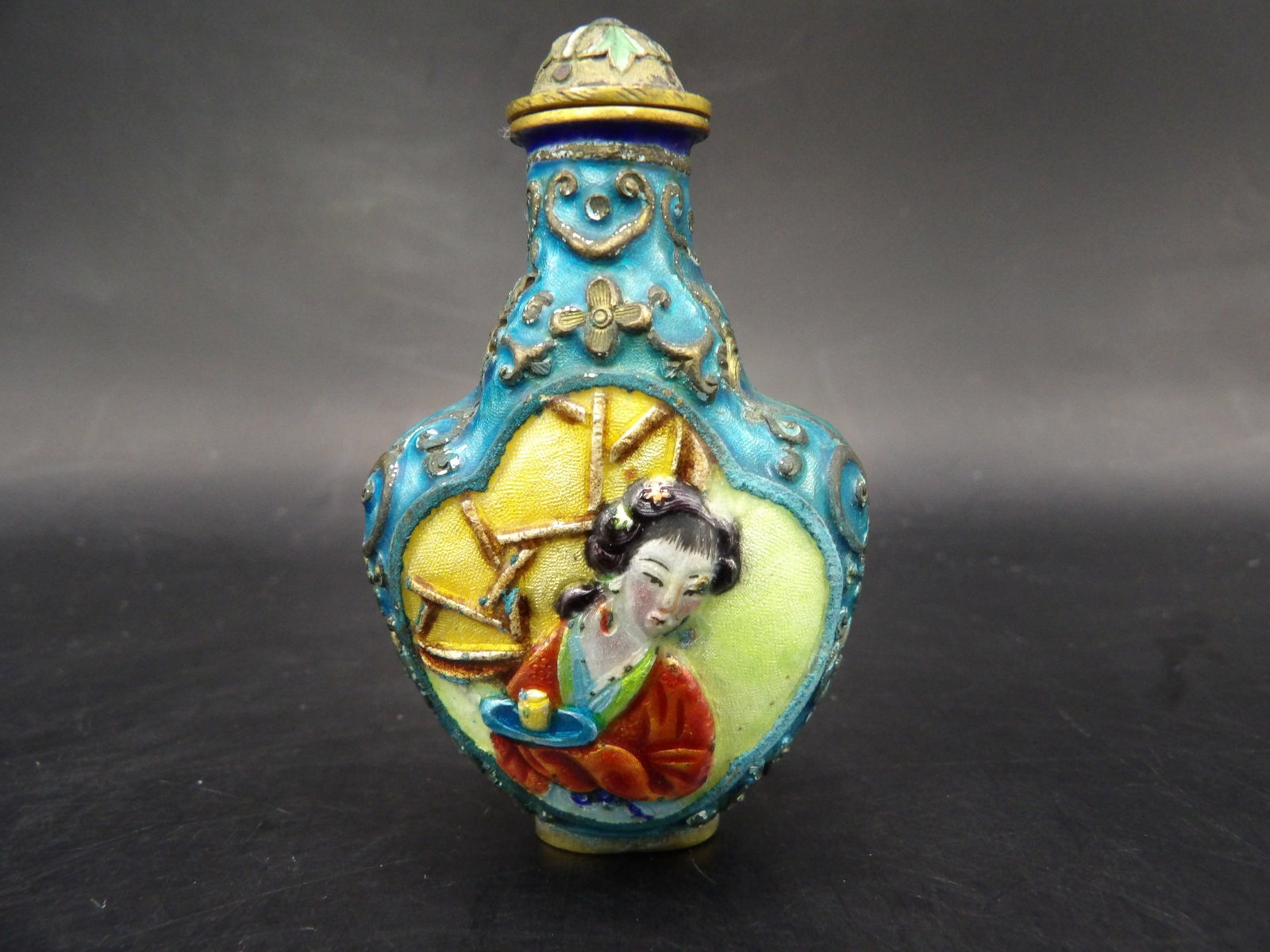 fine antique Chinese copper enamel snuff bottle repousse with beauty: 2.2 inches height. Probably Republic era.