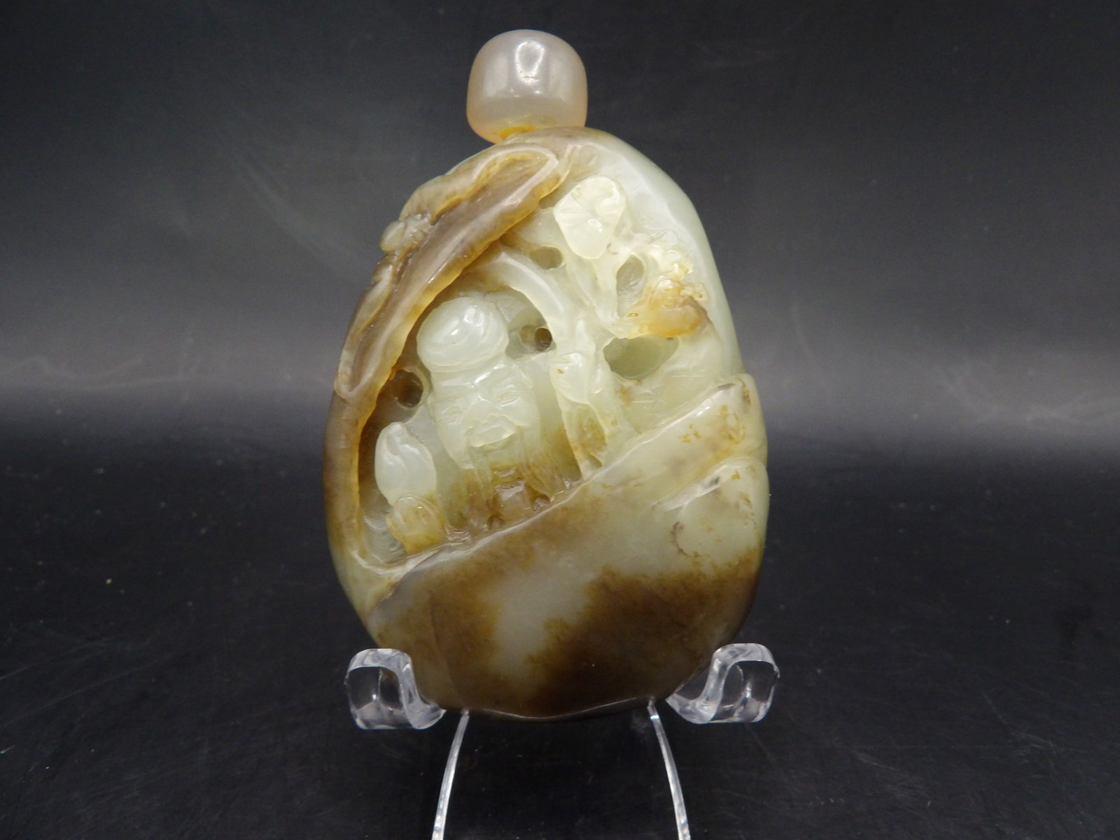 Chinese jadeite jade carved snuff bottle with Longevity God relief: 2.7 inches height.
