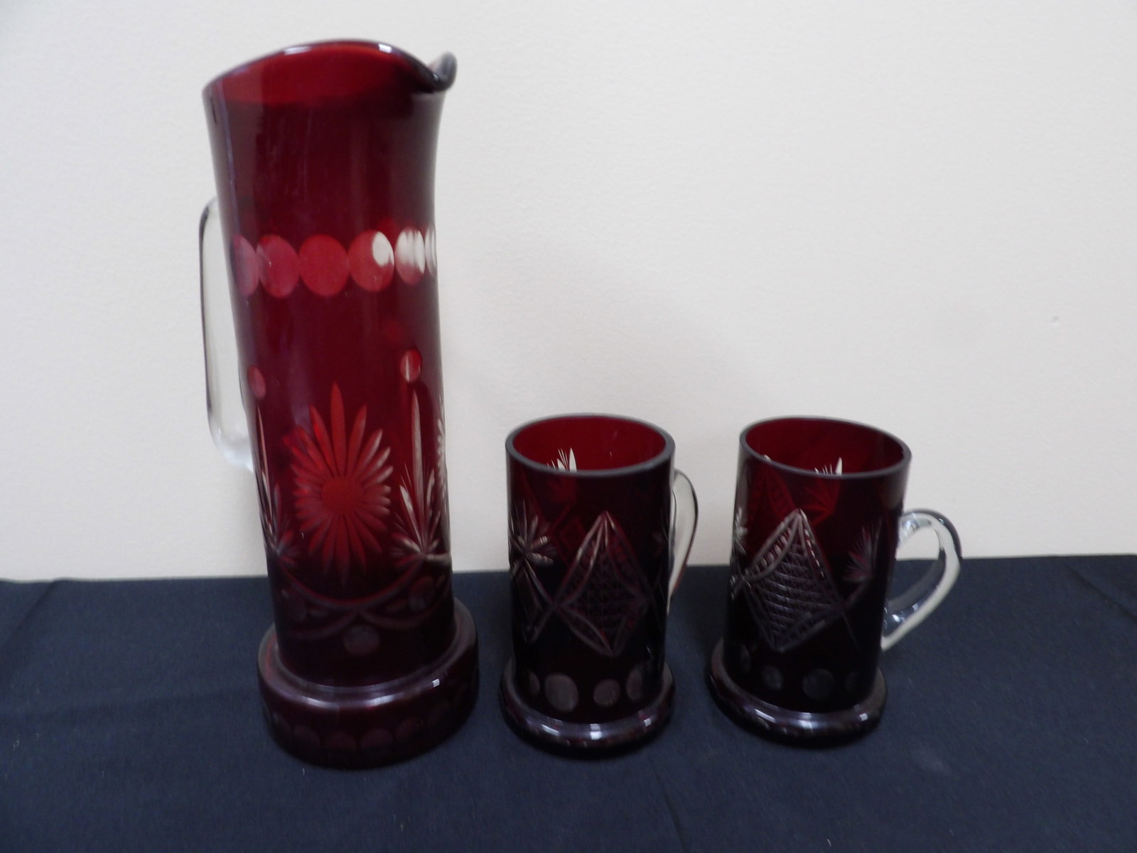 Lot of 3 Bohemian glass pitcher and 2 cups: Pitcher is 12 inches height. We will inhouse ship items to you very affordable and efficient. Select self-arrange shipping.