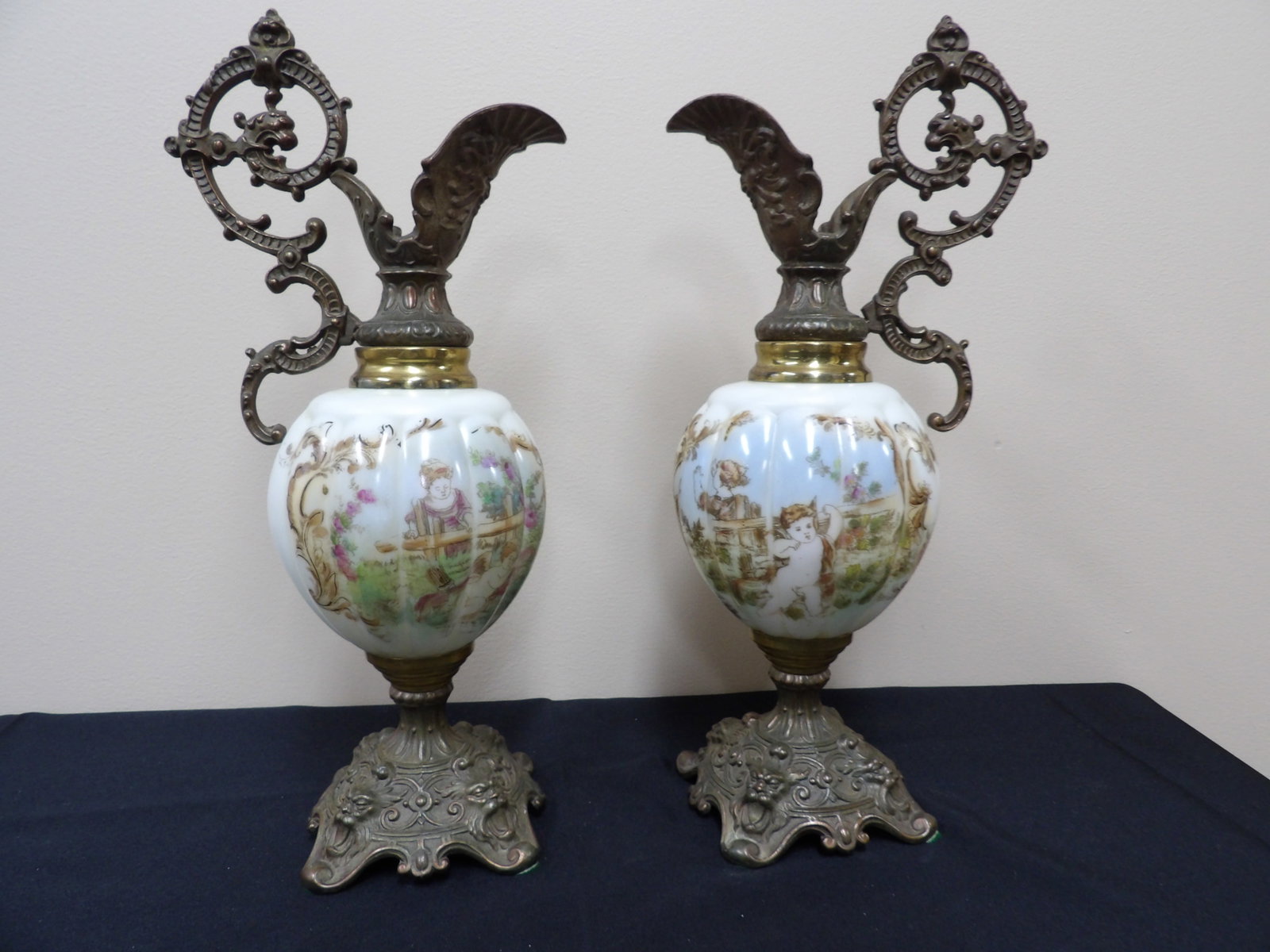A pair of hand painted Wave Crest glass brass mantel ewers or tall urns circa 1900's: 15.4 inches height. Unmarked. We will inhouse ship items to you very affordable and efficient. Select self-arrange shipping.