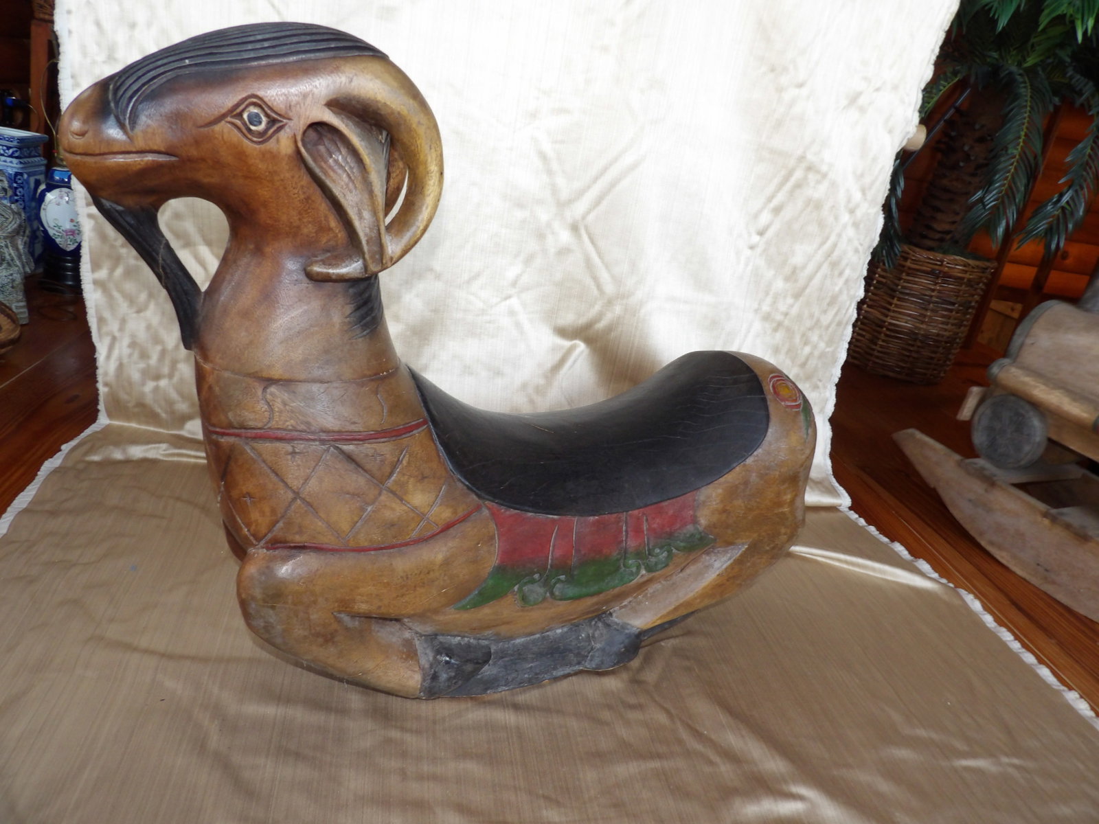 Rare vintage polychrome wooden ram shaped very large rocker: Size is 33 x 9 x 26 inches. We will inhouse ship items to you very affordable and efficient. Select self-arrange shipping.