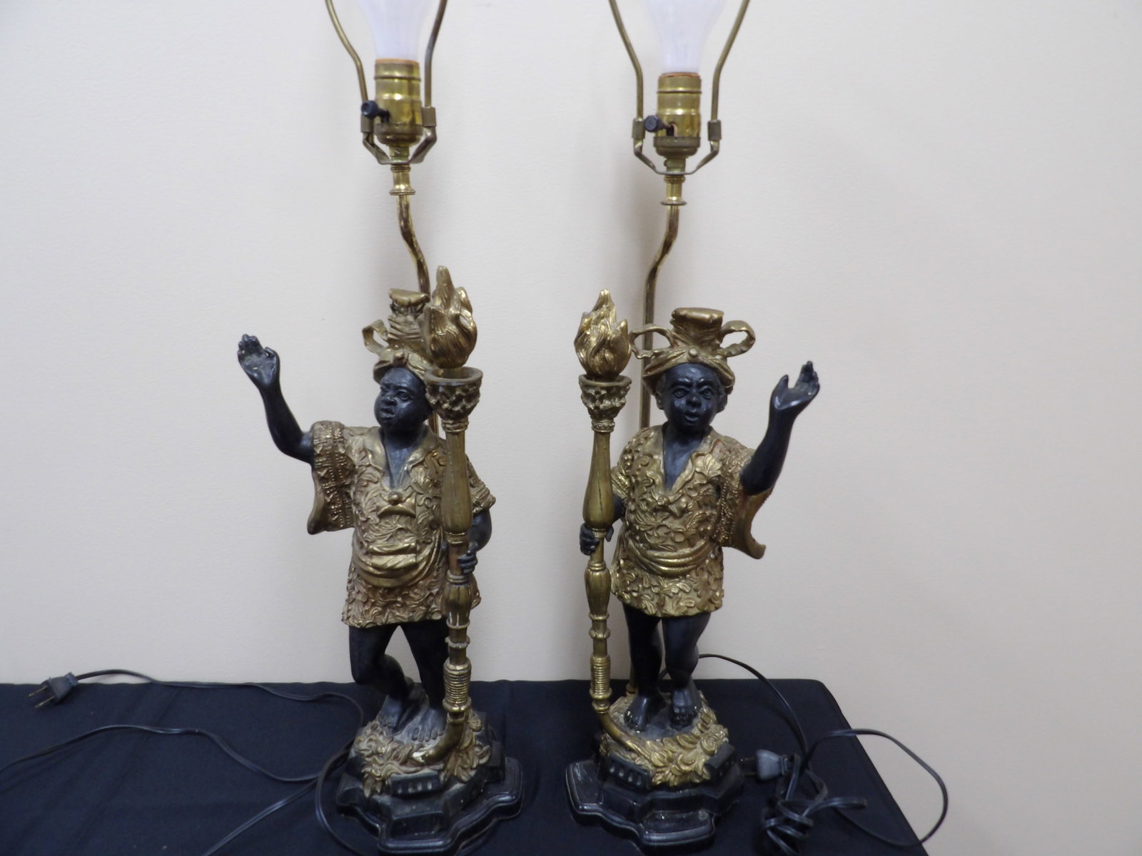 Lot of 2 large gilt and black bronze blackamoor lamps: Taller one is 32 inches. We will inhouse ship items to you very affordable and efficient. Select self-arrange shipping.