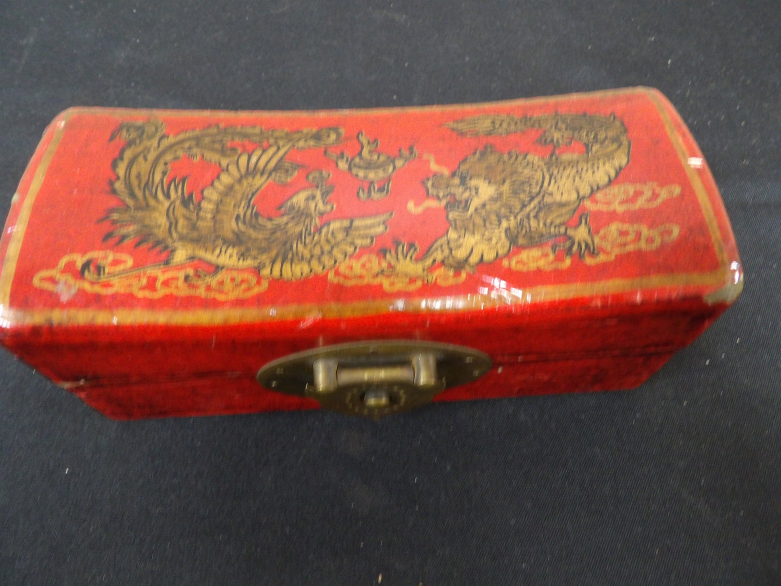 Chinese lacquer box with dragon phoenix motif: 6.6 inches length. We will inhouse ship items to you very affordable and efficient. Select self-arrange shipping.