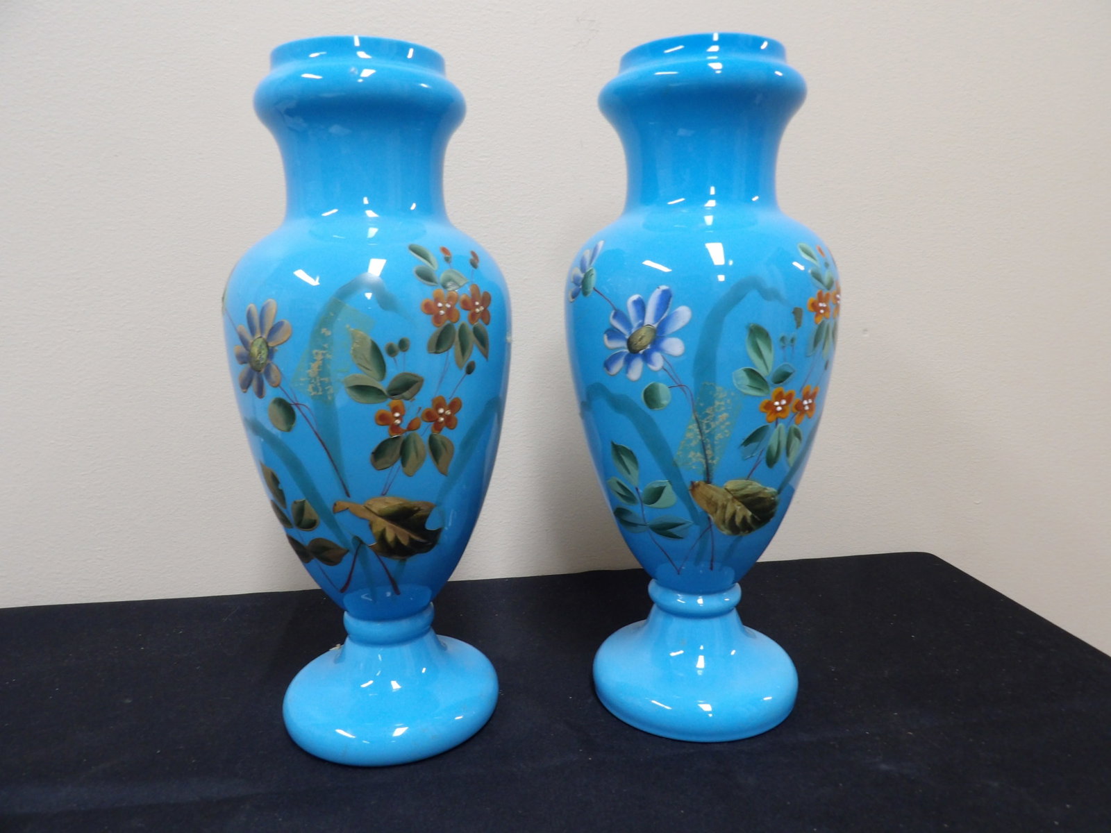 pair of antique Victorian blue bristol enameled floral glass vases: Over 12 inches height. We will inhouse ship items to you very affordable and efficient. Select self-arrange shipping.