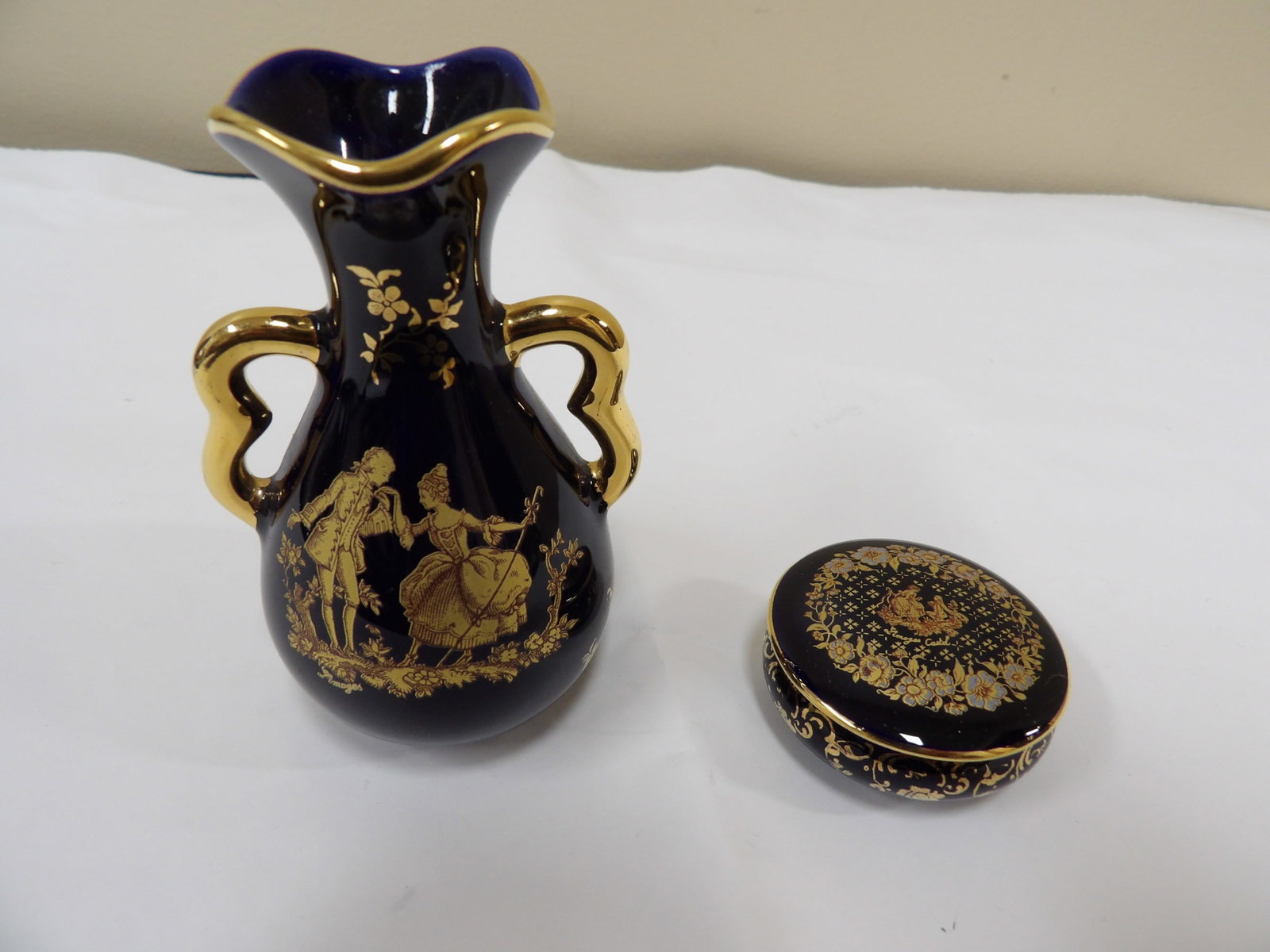 lot of 2 French Limoges Castel cobalt blue miniature vase and lidded trinket box signed: Vase is 3.7 inches height. We will inhouse ship items to you very affordable and efficient. Select self-arrange shipping.