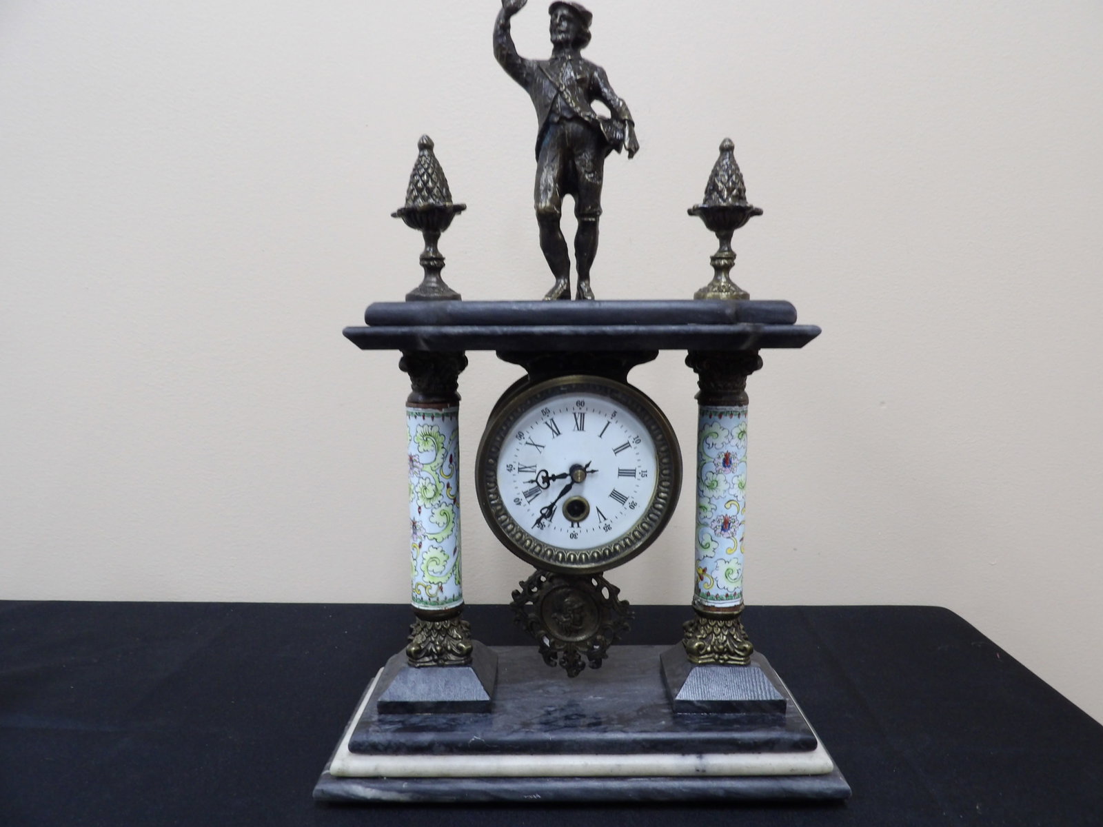 19th century French figural mantel clock with marble bronze and porcelain elements: 15.5 inches height. We will inhouse ship items to you very affordable and efficient. Select self-arrange shipping.