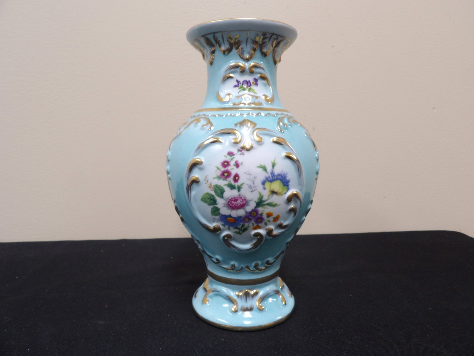 Dresden Germany porcelain floral vase with heavy gilding signed