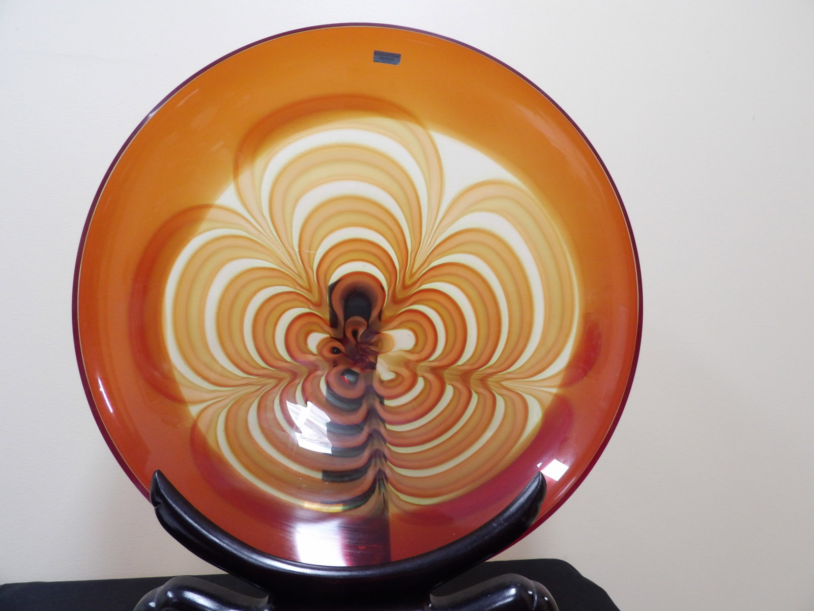 Waterford Evolution extra large blown art glass centerpiece plate or shallow bowl: 19.4 inches diameter. Wood display stand is not included. Made in Poland.
