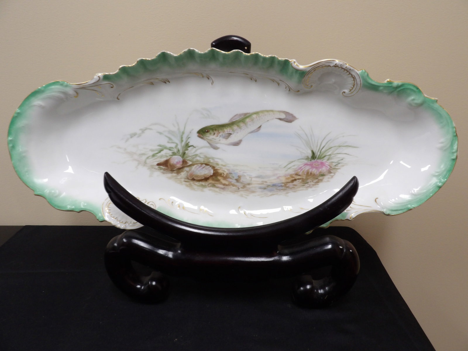 rare 24 inches length Limoges antique serving platter with fish motif signed: Size is 24 x 10.2 x 2.2 inches. Wood base is not included.