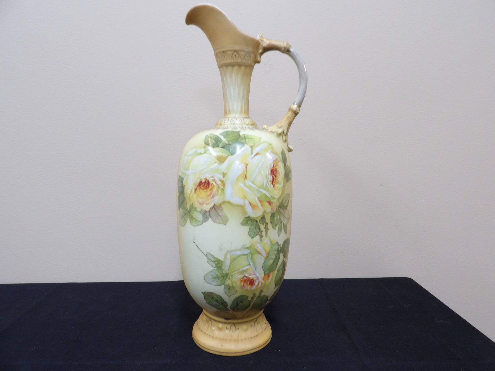 Royal Wettina antique Art Nouveau porcelain tall pitcher with yellow roses: 15.5 inches height.